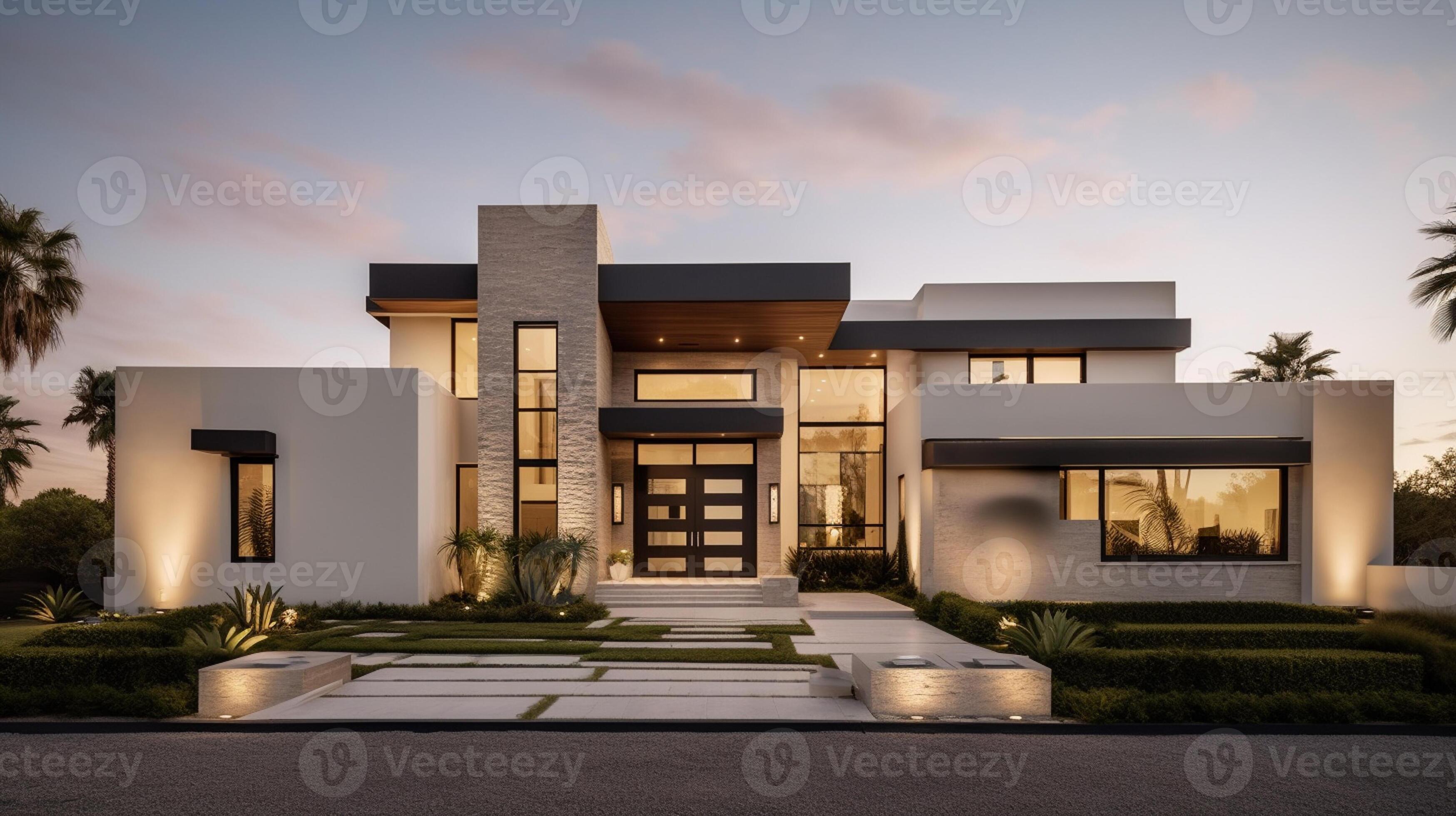 Exterior of modern luxury house with garden and beautiful sky 23307449