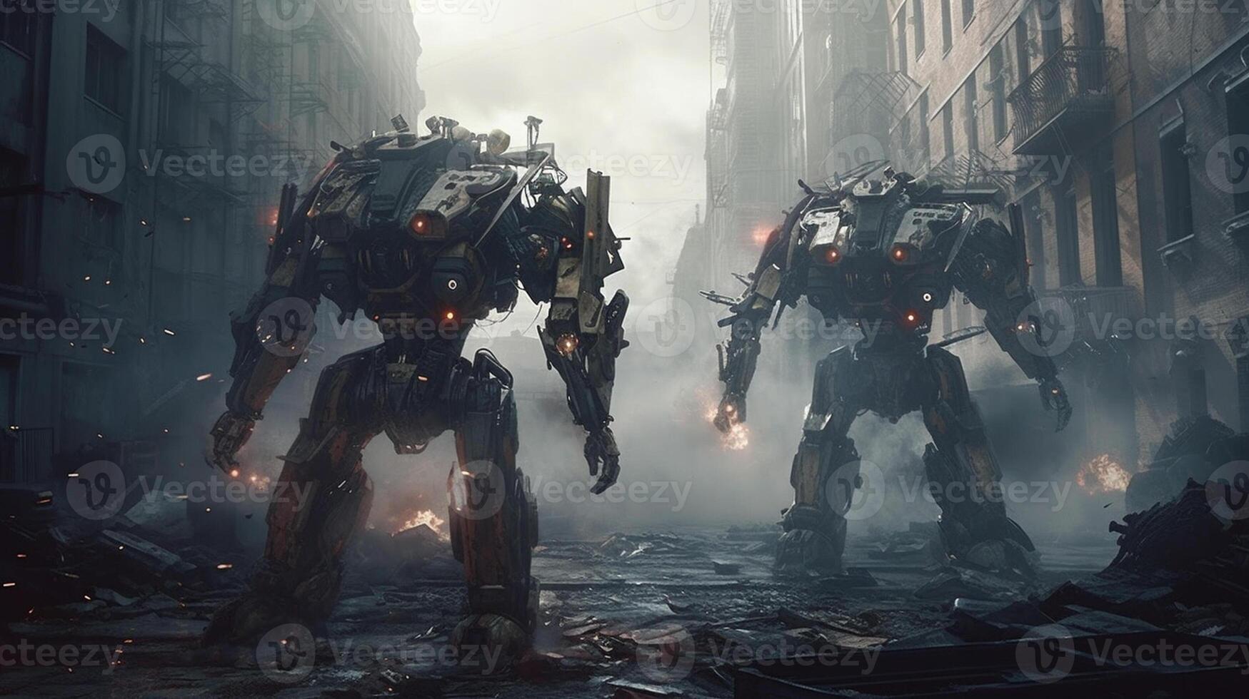 A futuristic clash between two immense robotic warriors photo