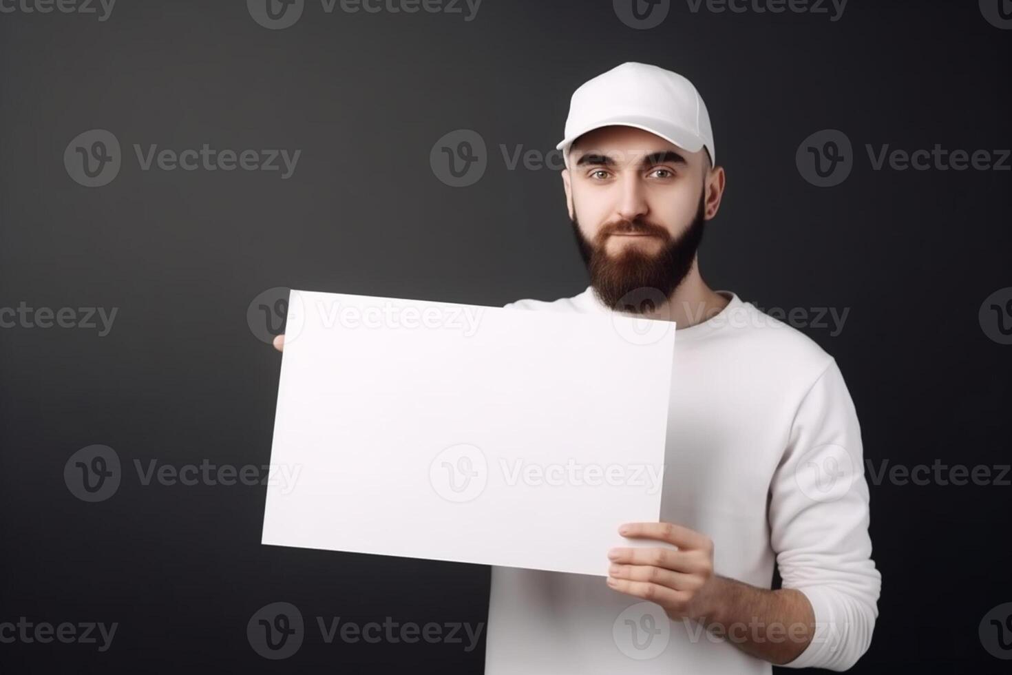 A man holds a blank white sign board mockup in his hand photo