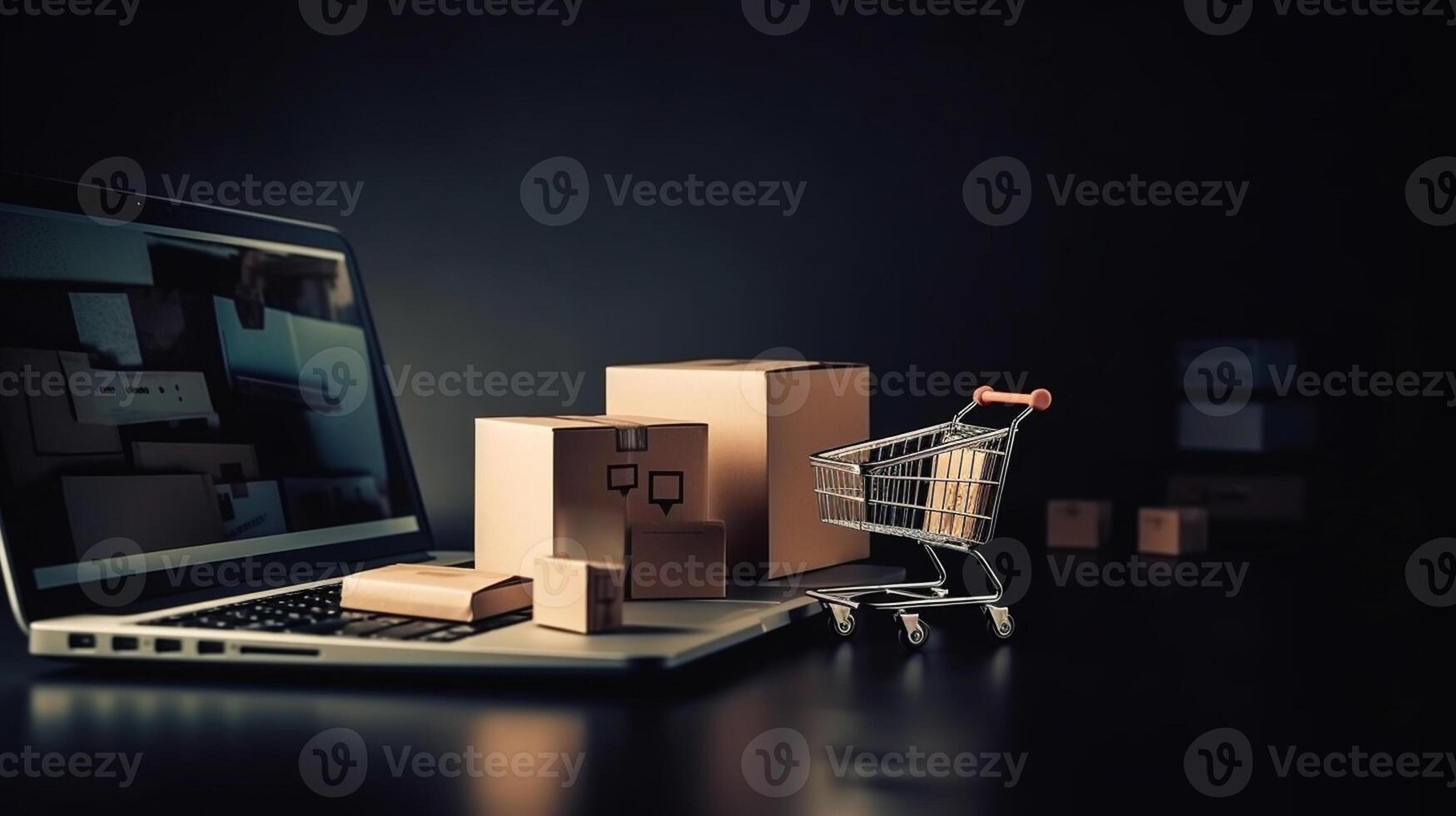 E-commerce concept. Shopping cart with boxes on a wooden table. photo