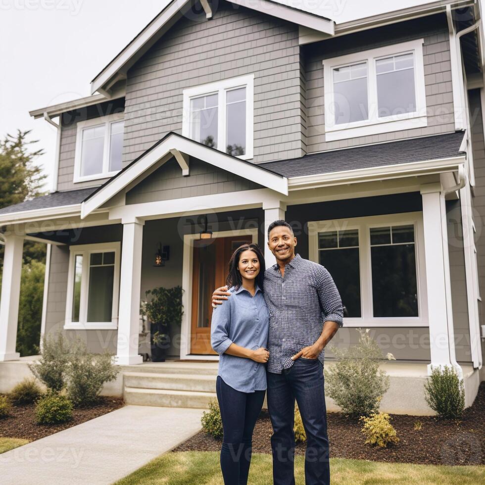 Portrait of happy mature couple standing in front of their new house photo