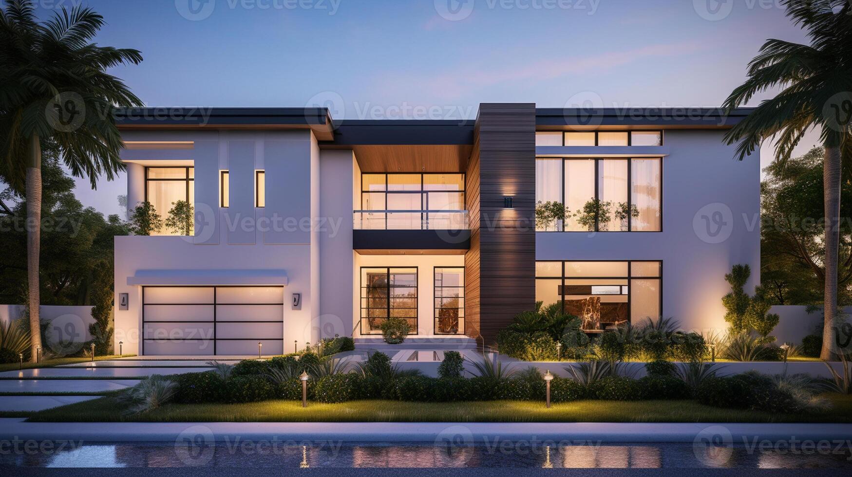Exterior of modern luxury house with garden and beautiful sky, photo