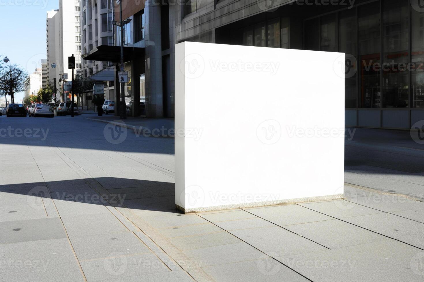 A blank white billboard mockup on a sidewalk in a city photo