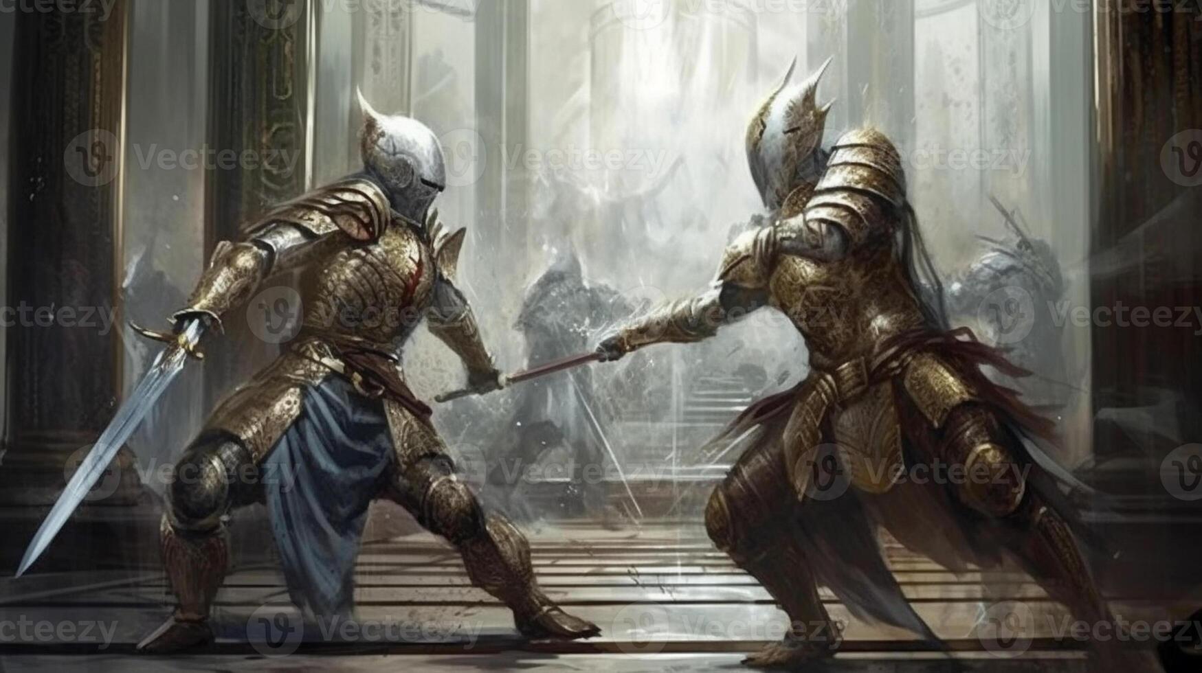 Two medieval knights fighting with swords in front of the gothic cathedral photo
