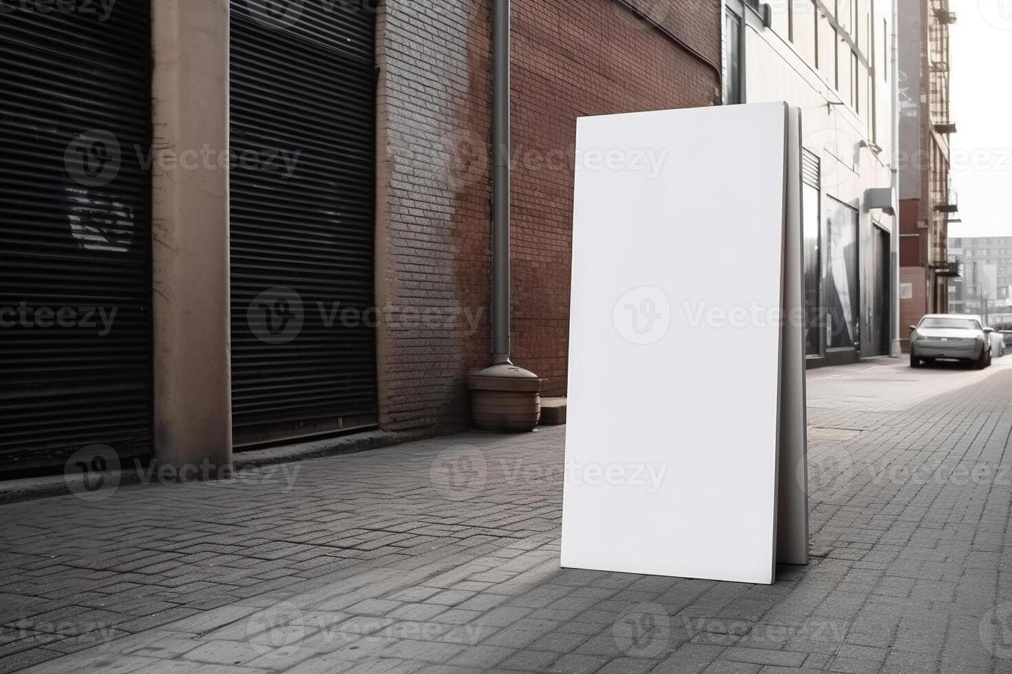 A blank white billboard mockup on a sidewalk in a city photo