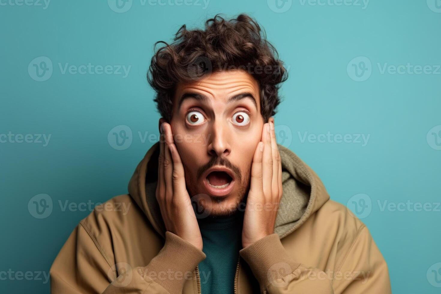a man on solid color background photoshoot with Surprise facial expression photo