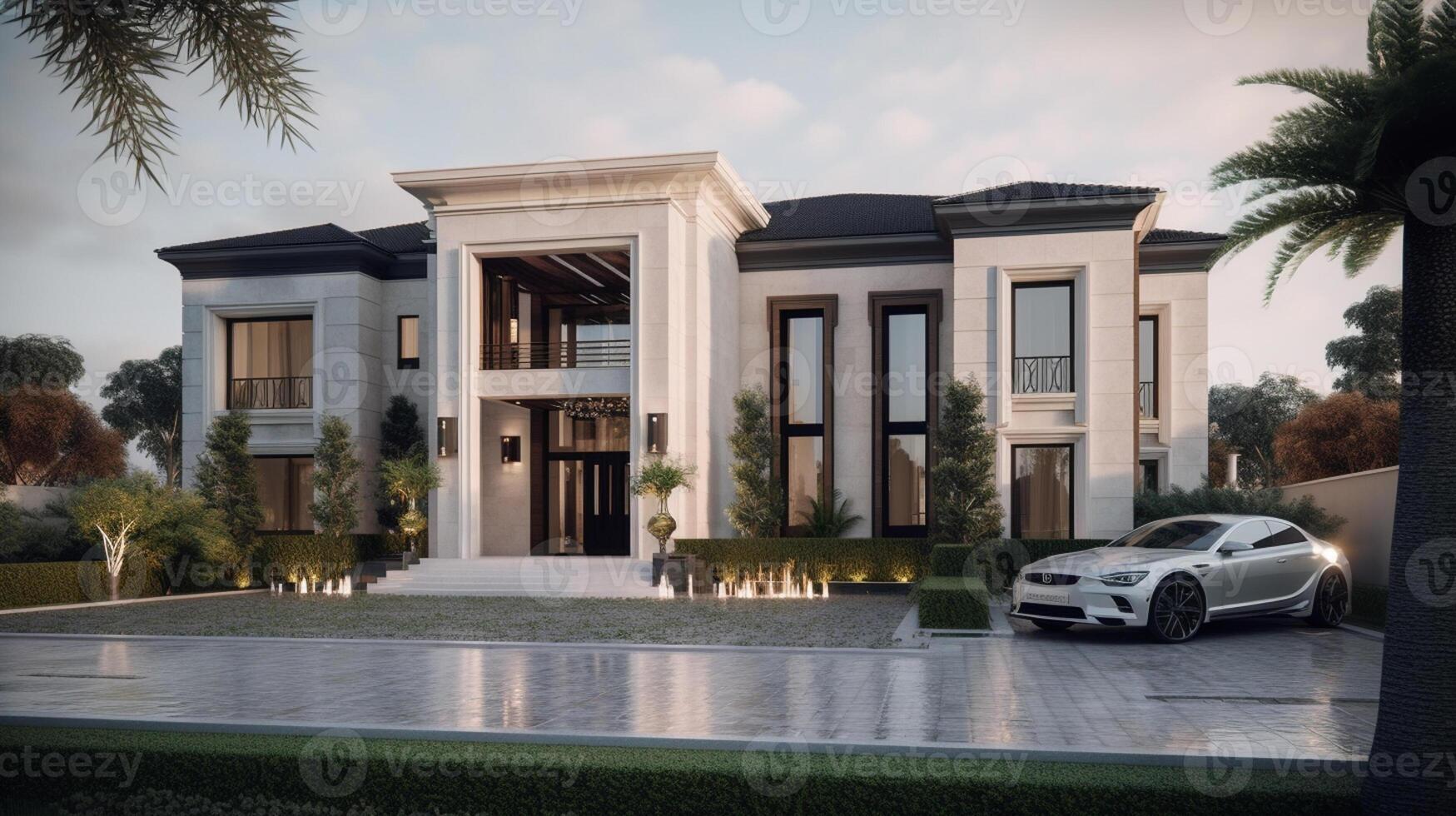 Exterior of modern luxury house with garden and beautiful sky photo