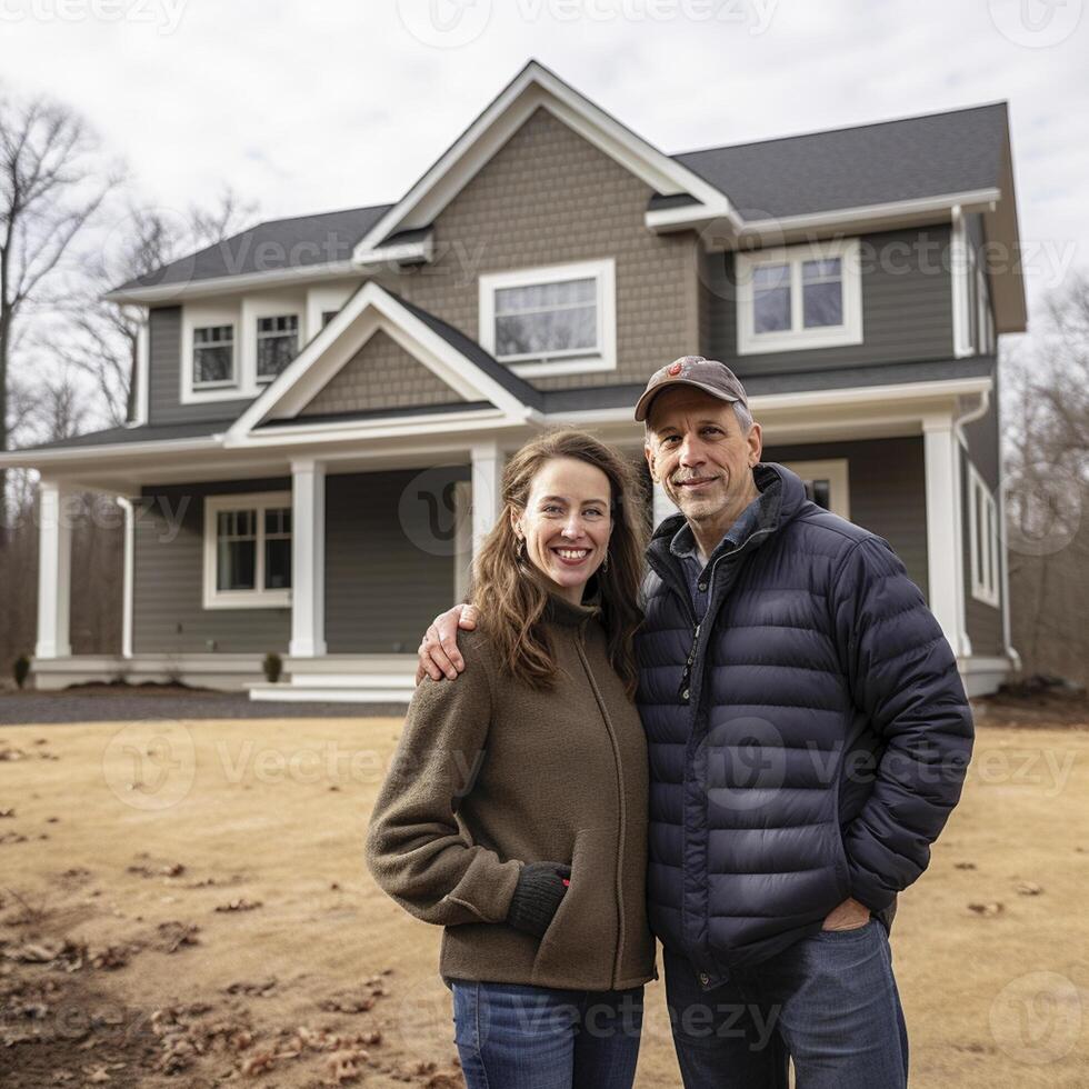 Portrait of happy mature couple standing in front of their new house photo