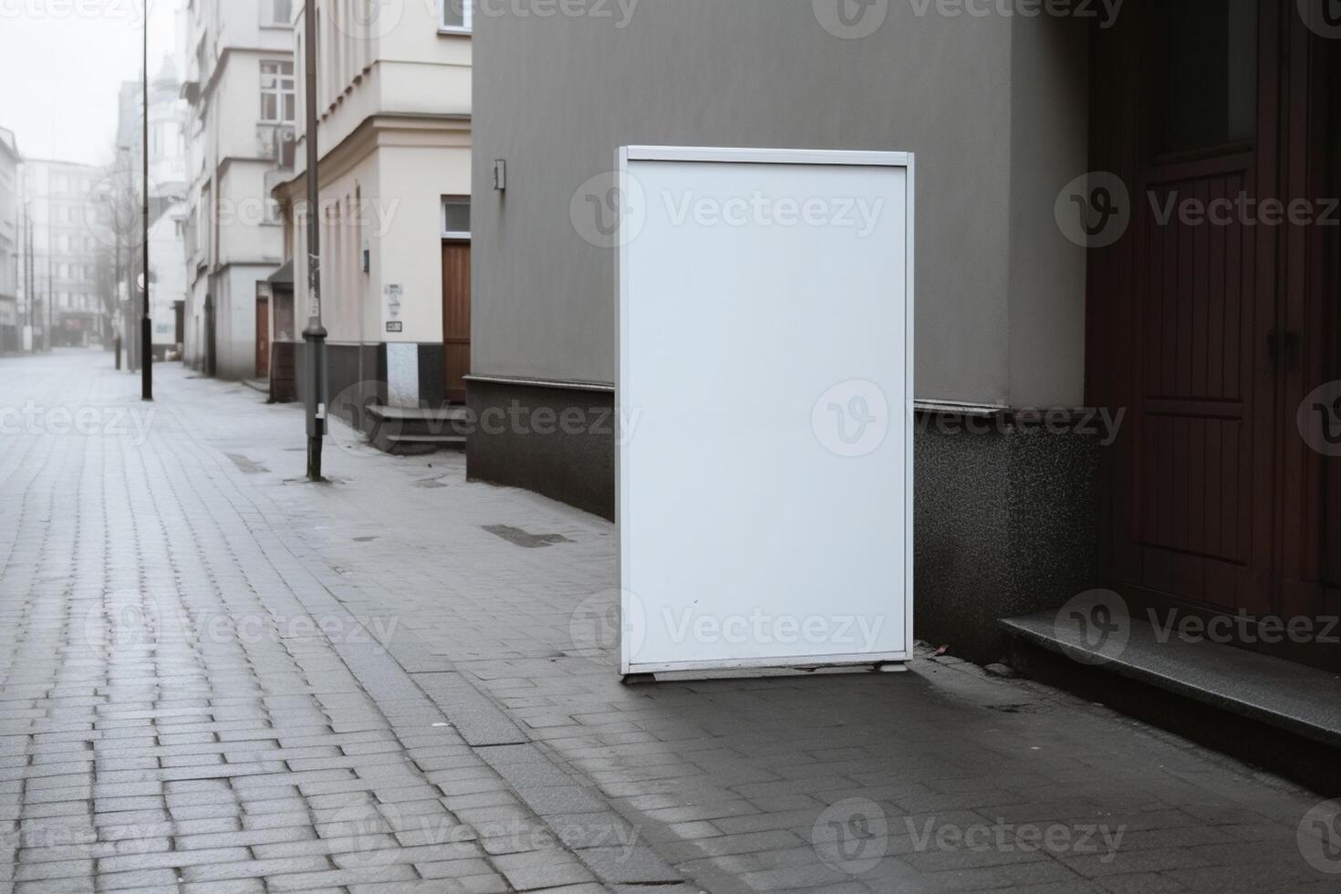 A blank white billboard mockup on a sidewalk in a city photo