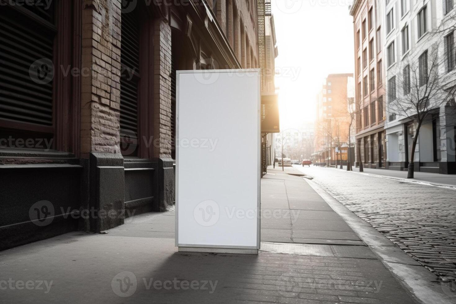 A blank white billboard mockup on a sidewalk in a city photo