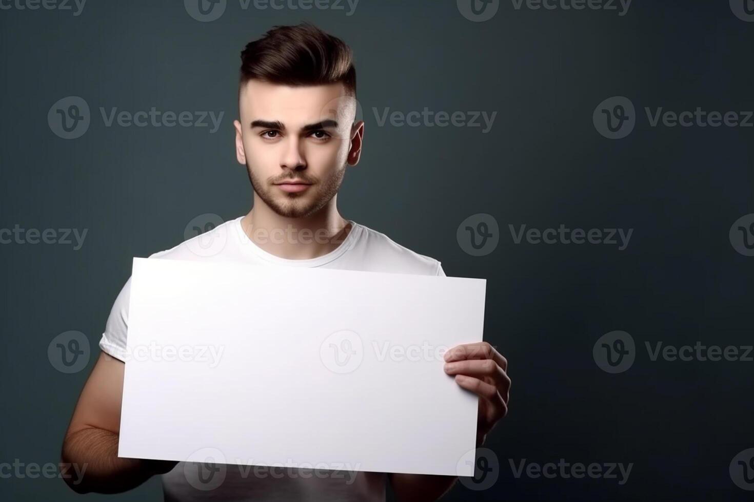 A man holds a blank white sign board mockup in his hand photo