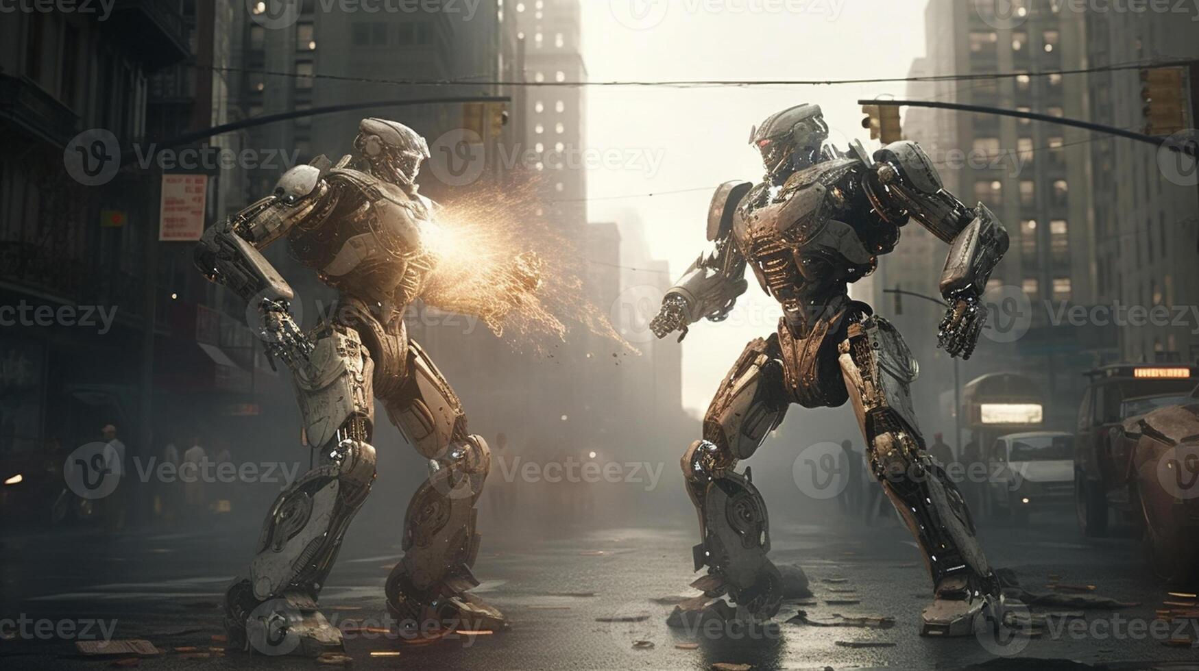 A futuristic clash between two immense robotic warriors photo