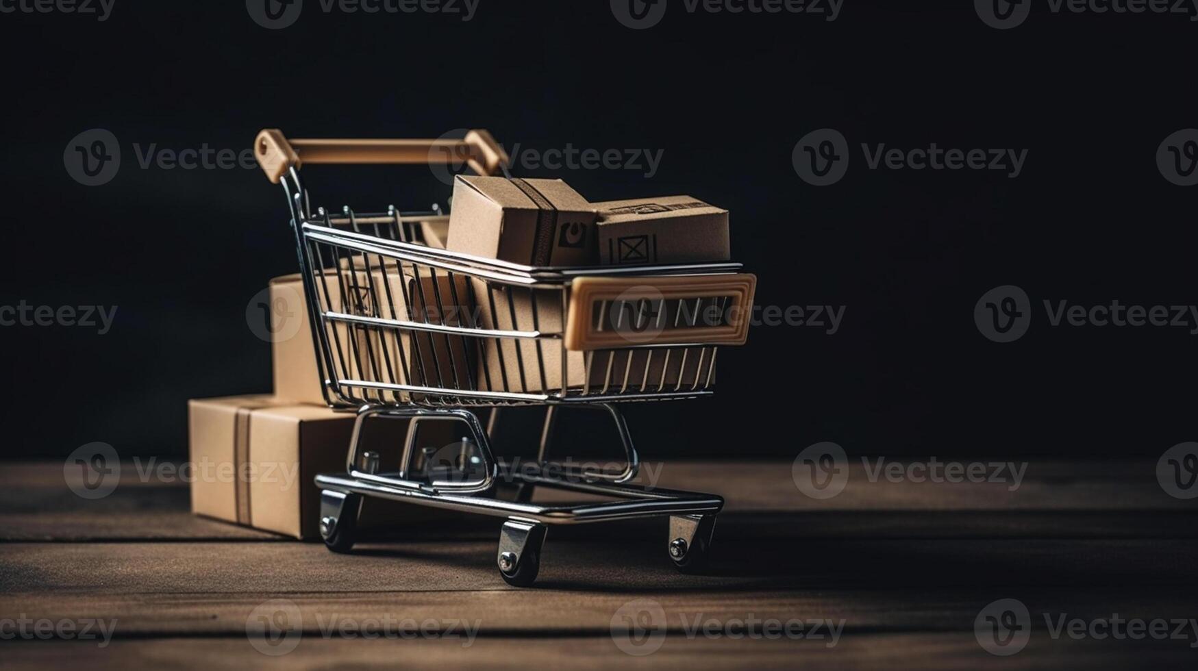 E-commerce concept. Shopping cart with boxes on a wooden table. photo