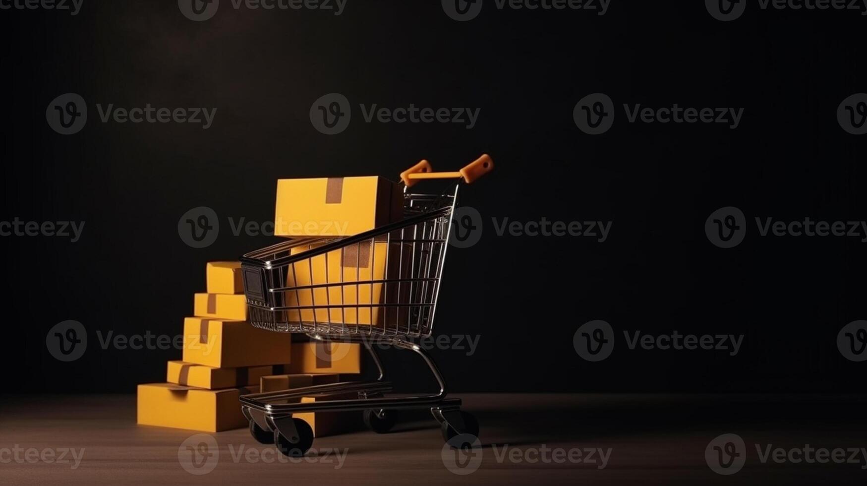E-commerce concept. Shopping cart with boxes on a wooden table. photo