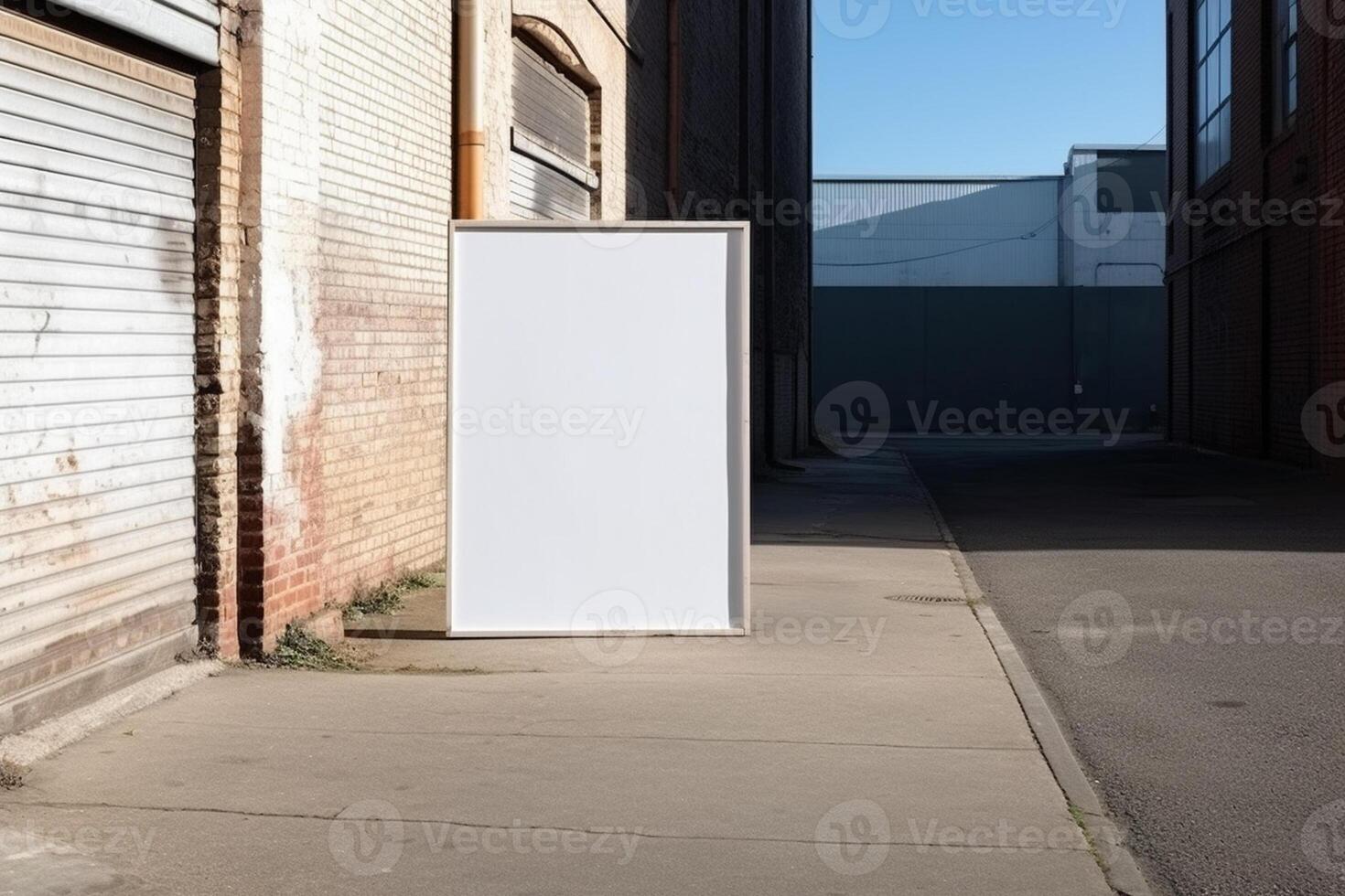 A blank white billboard mockup on a sidewalk in a city photo