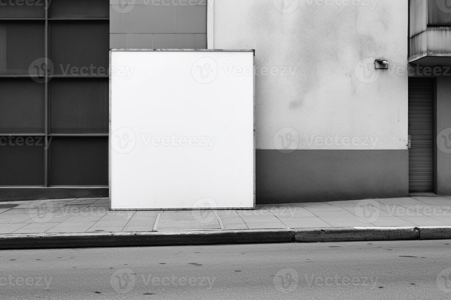 A blank white billboard mockup on a sidewalk in a city photo