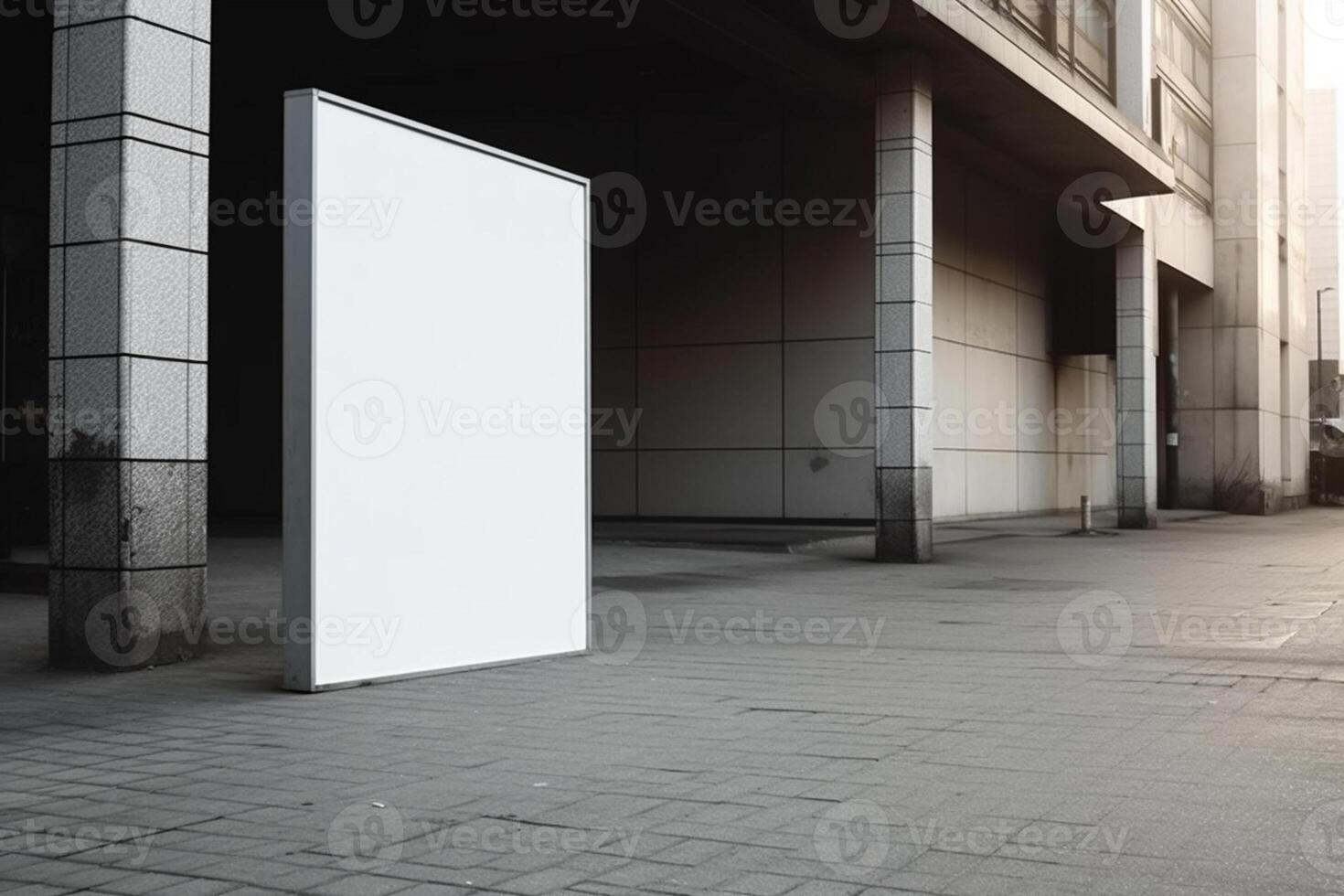 A blank white billboard mockup on a sidewalk in a city photo