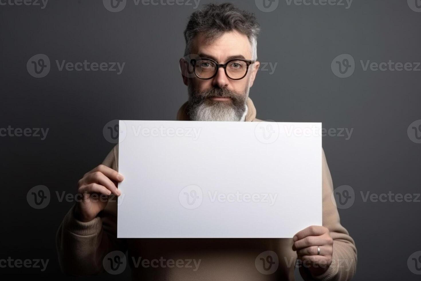 A man holds a blank white sign board mockup in his hand photo