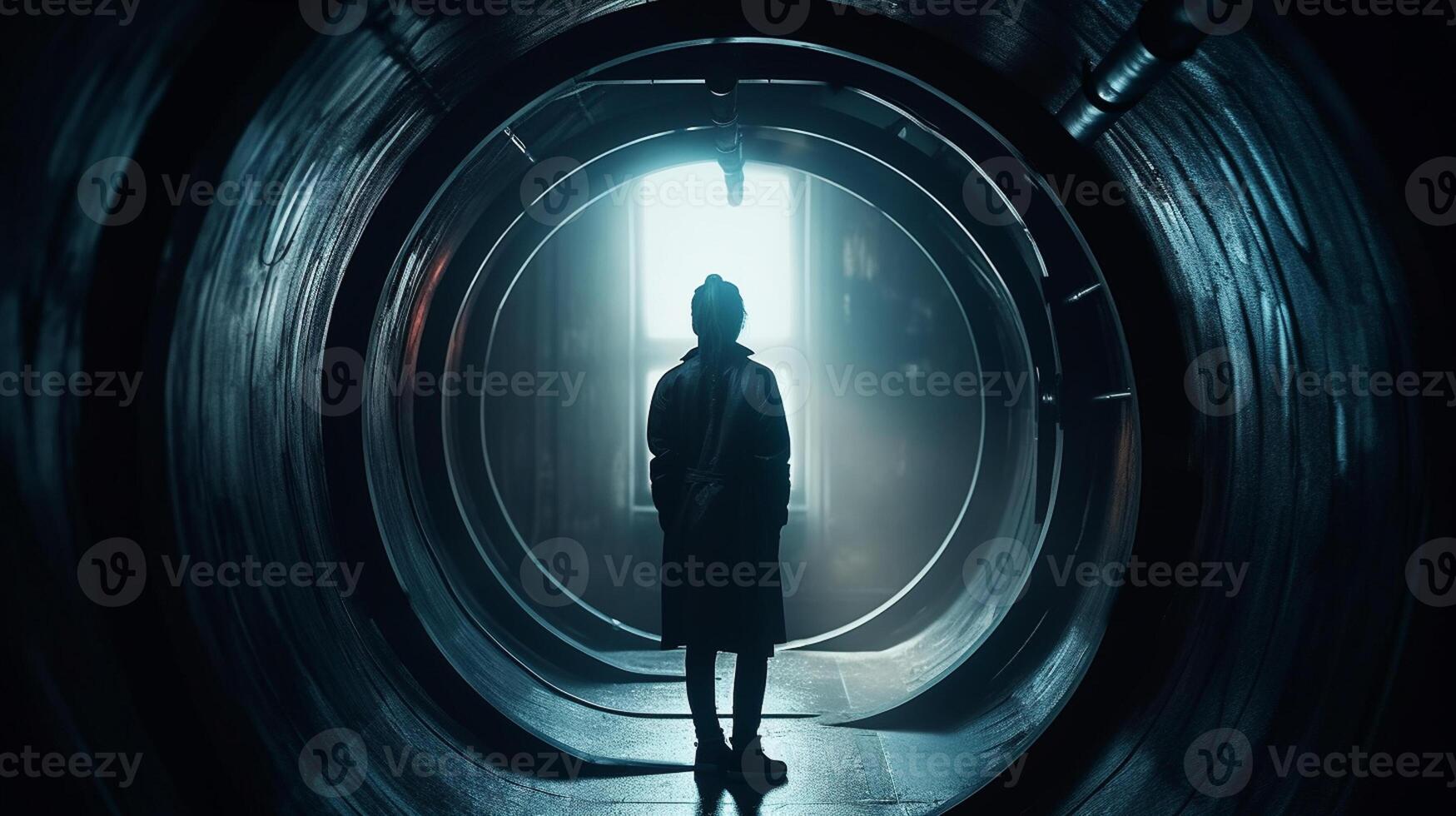 Silhouette of a man standing in a dark tunnel and looking at the light photo