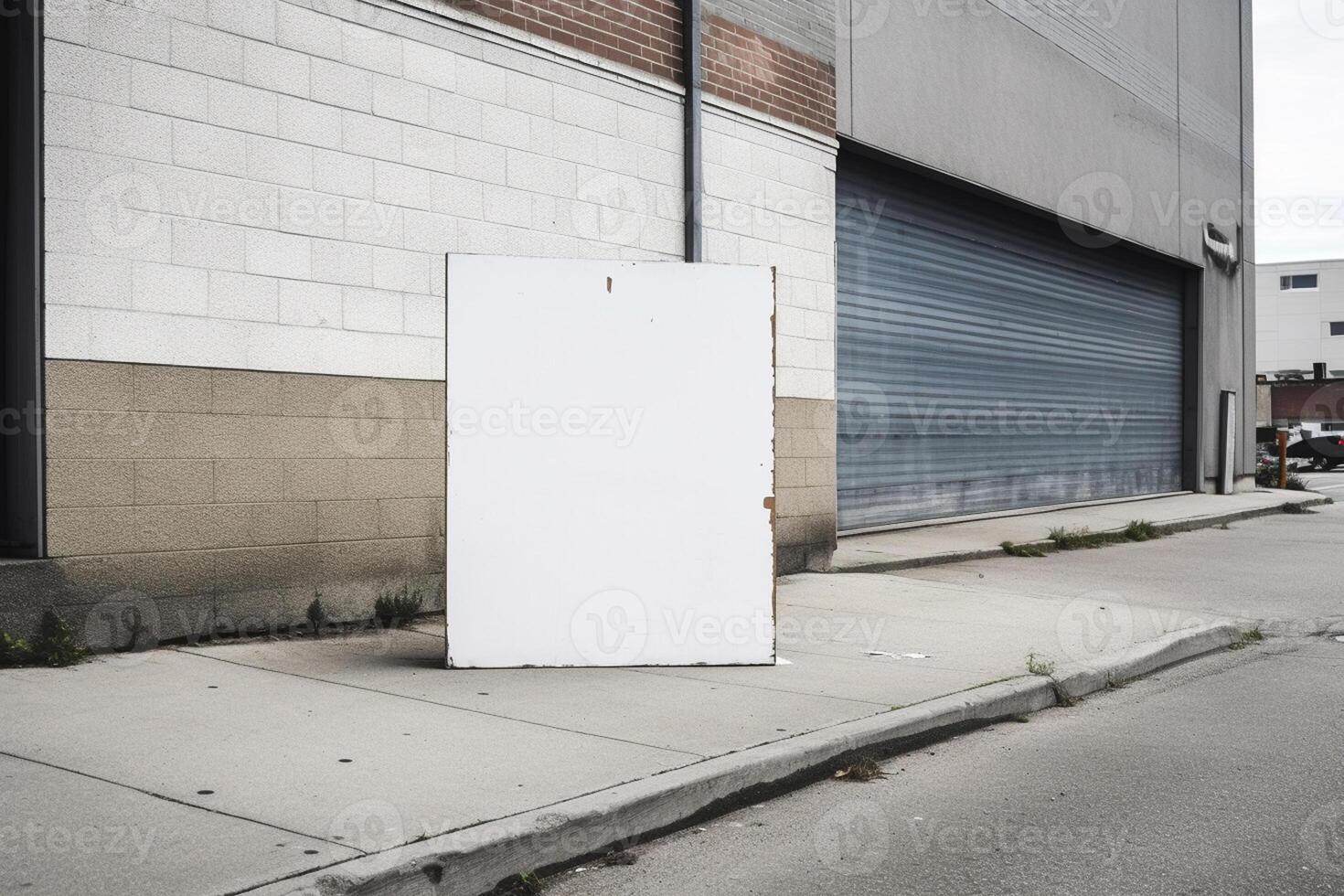 A blank white billboard mockup on a sidewalk in a city photo