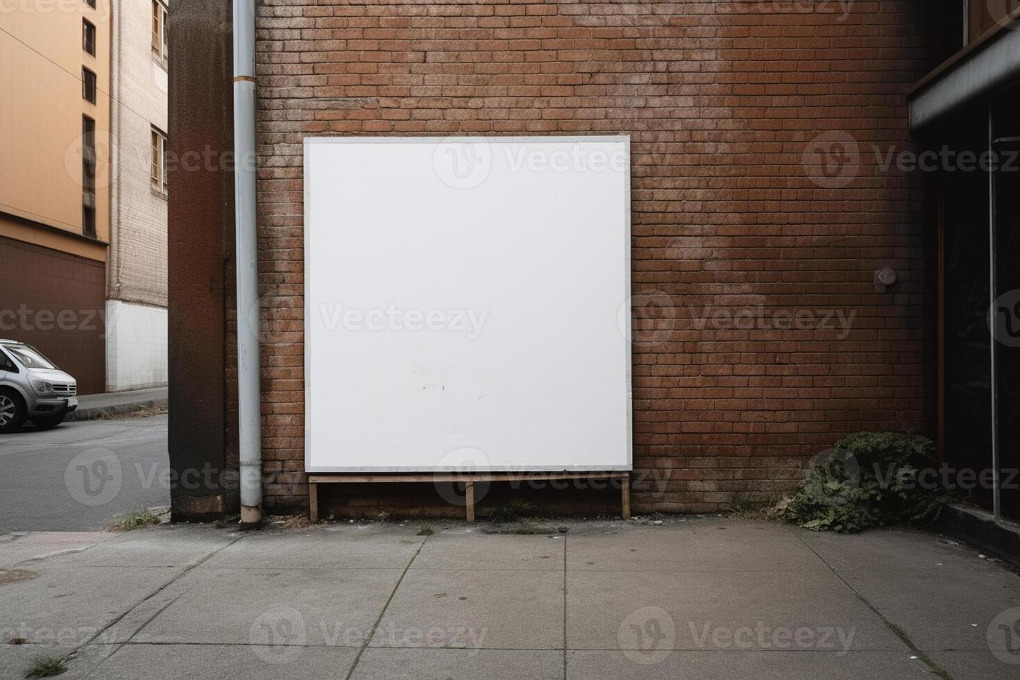 A blank white billboard mockup on a sidewalk in a city photo