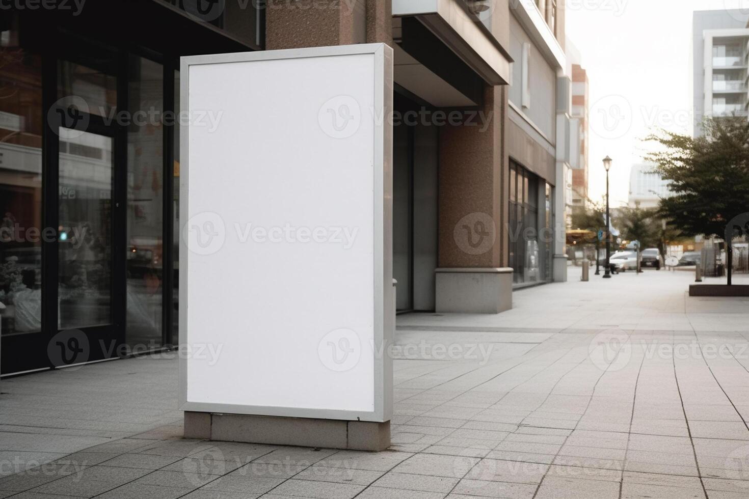 A blank white billboard mockup on a sidewalk in a city photo