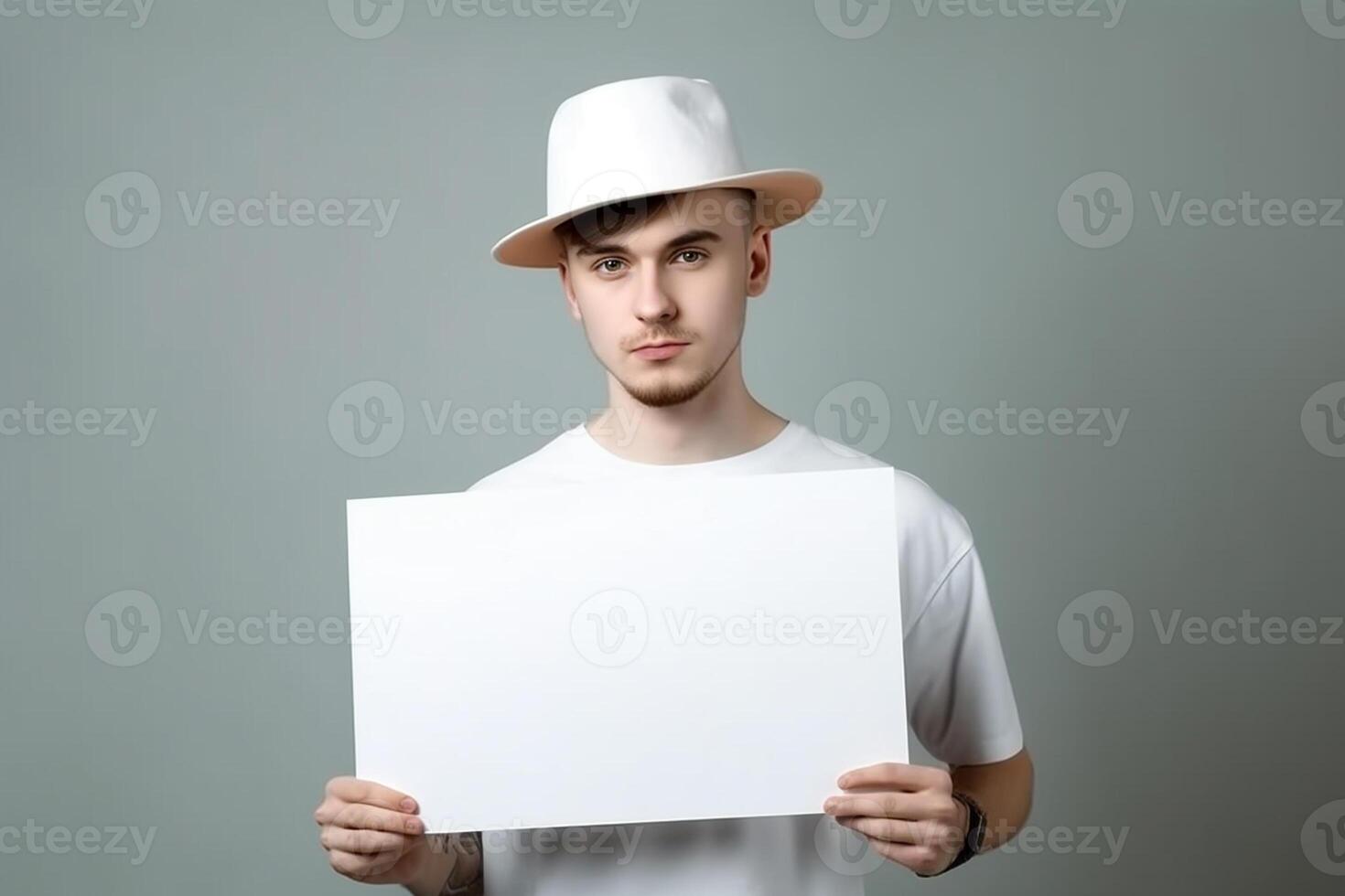 A man holds a blank white sign board mockup in his hand photo