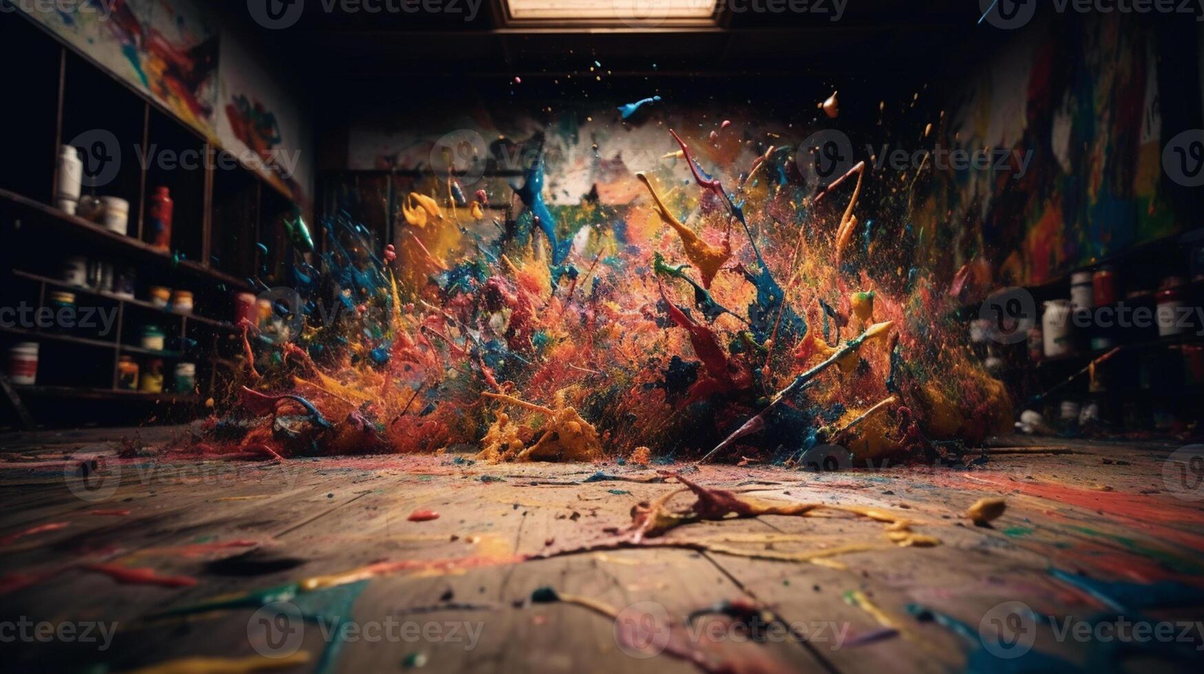 Colorful paint splashes on wooden background. Close up view. photo