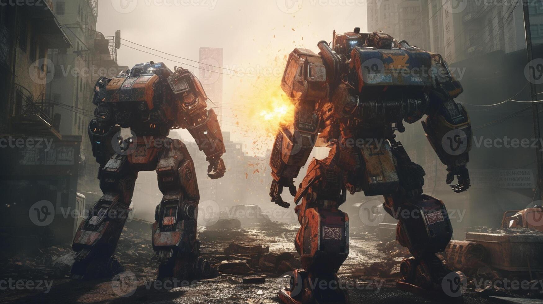A futuristic clash between two immense robotic warriors photo
