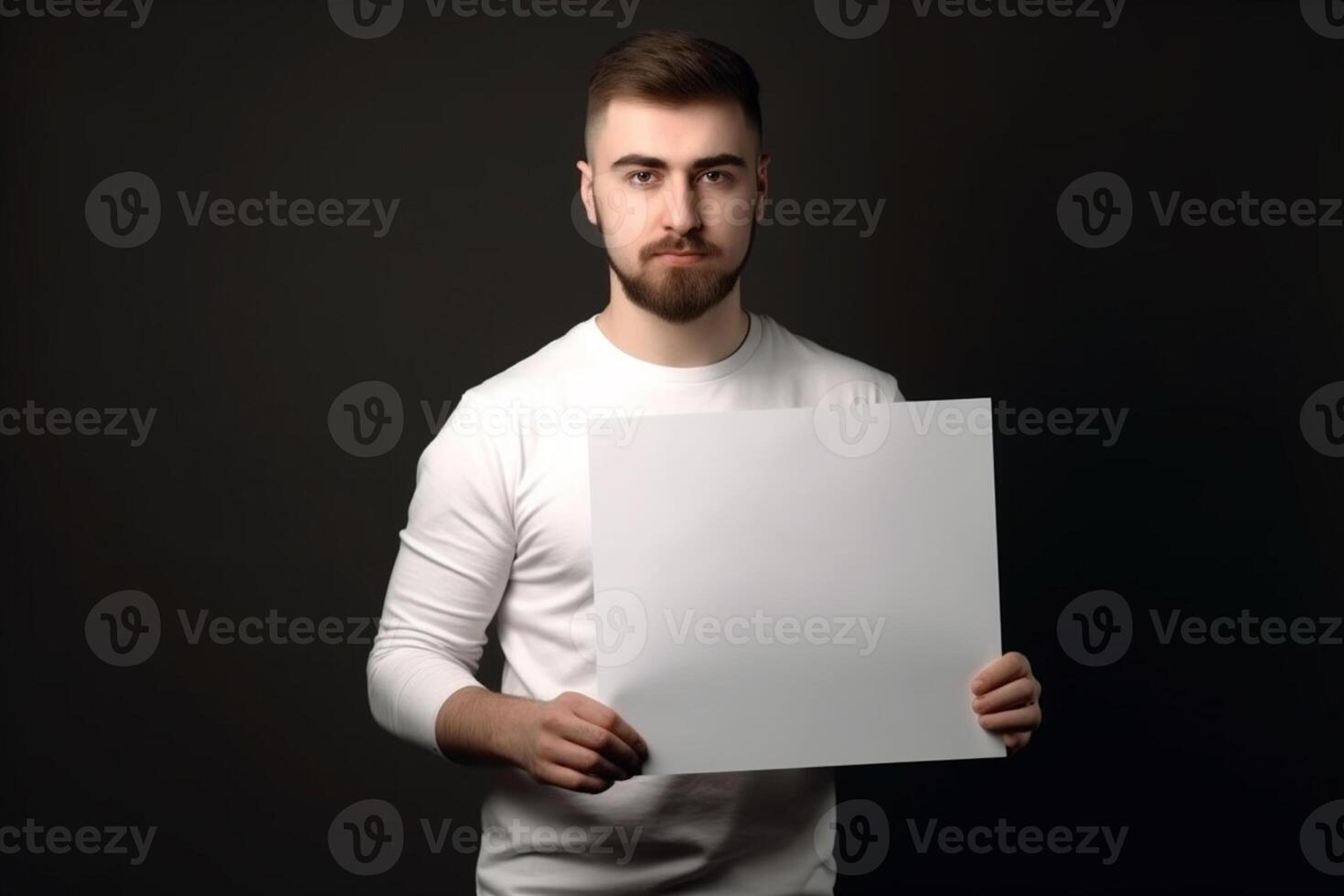 A man holds a blank white sign board mockup in his hand photo