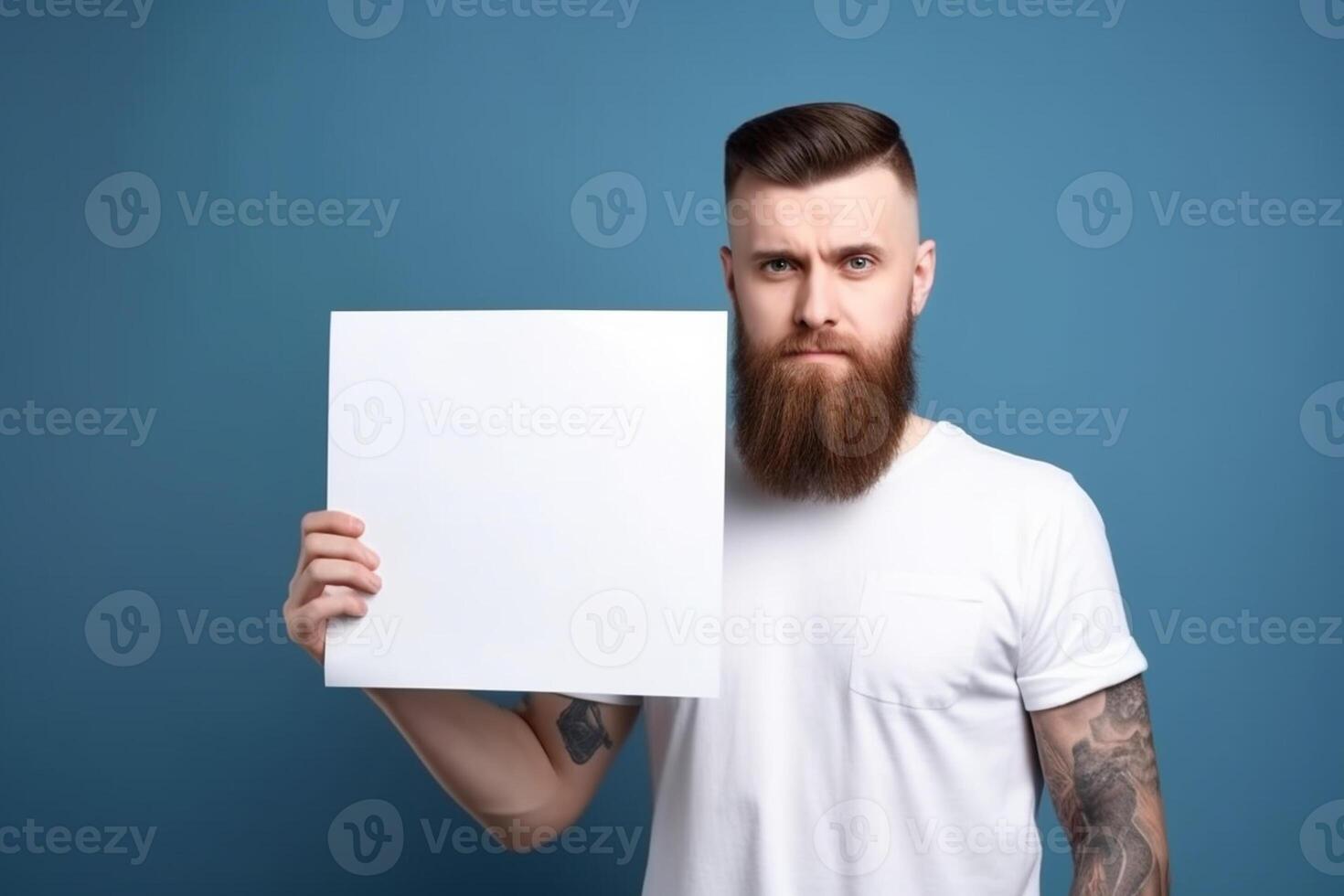 A man holds a blank white sign board mockup in his hand photo
