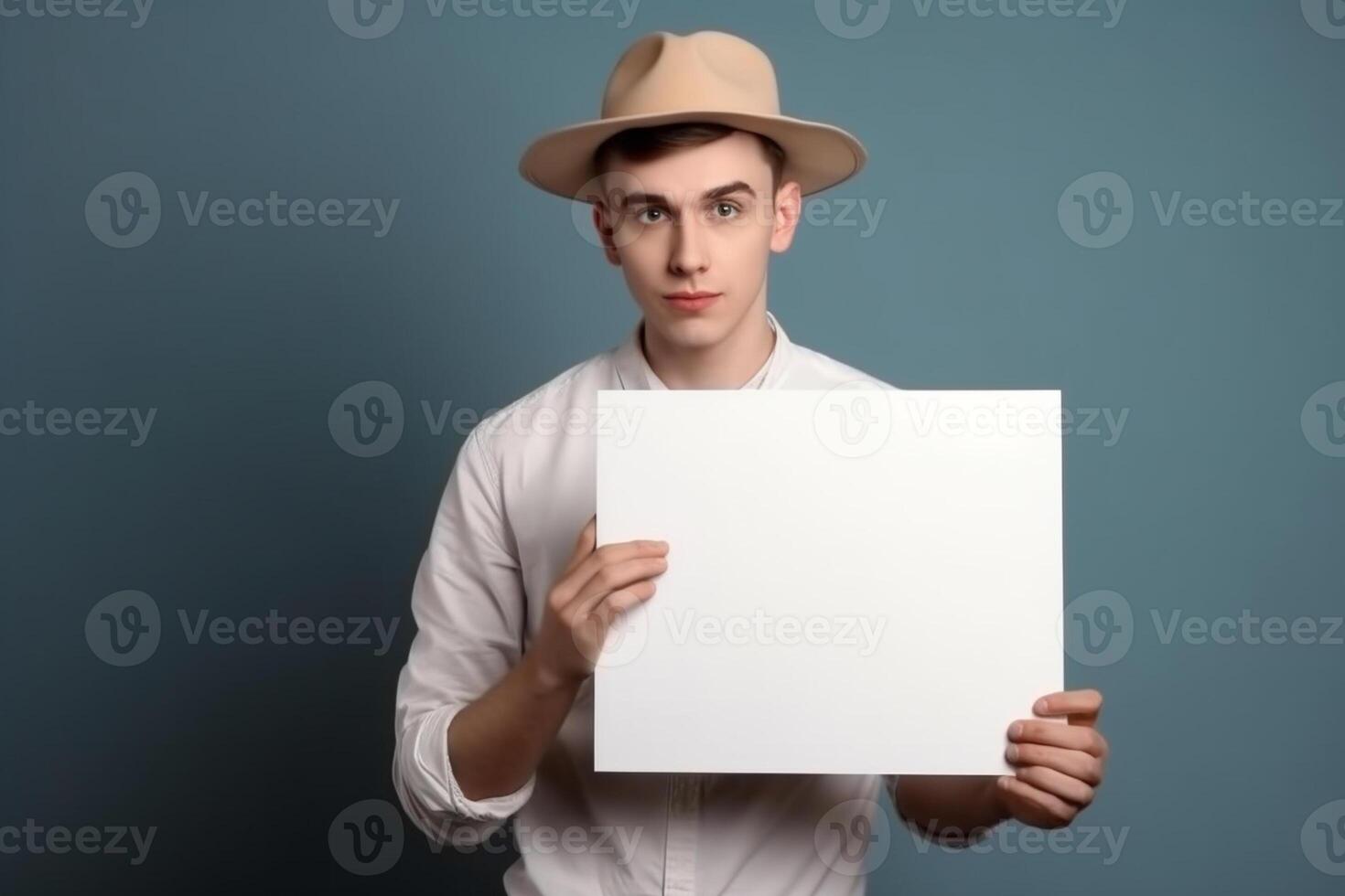 A man holds a blank white sign board mockup in his hand photo