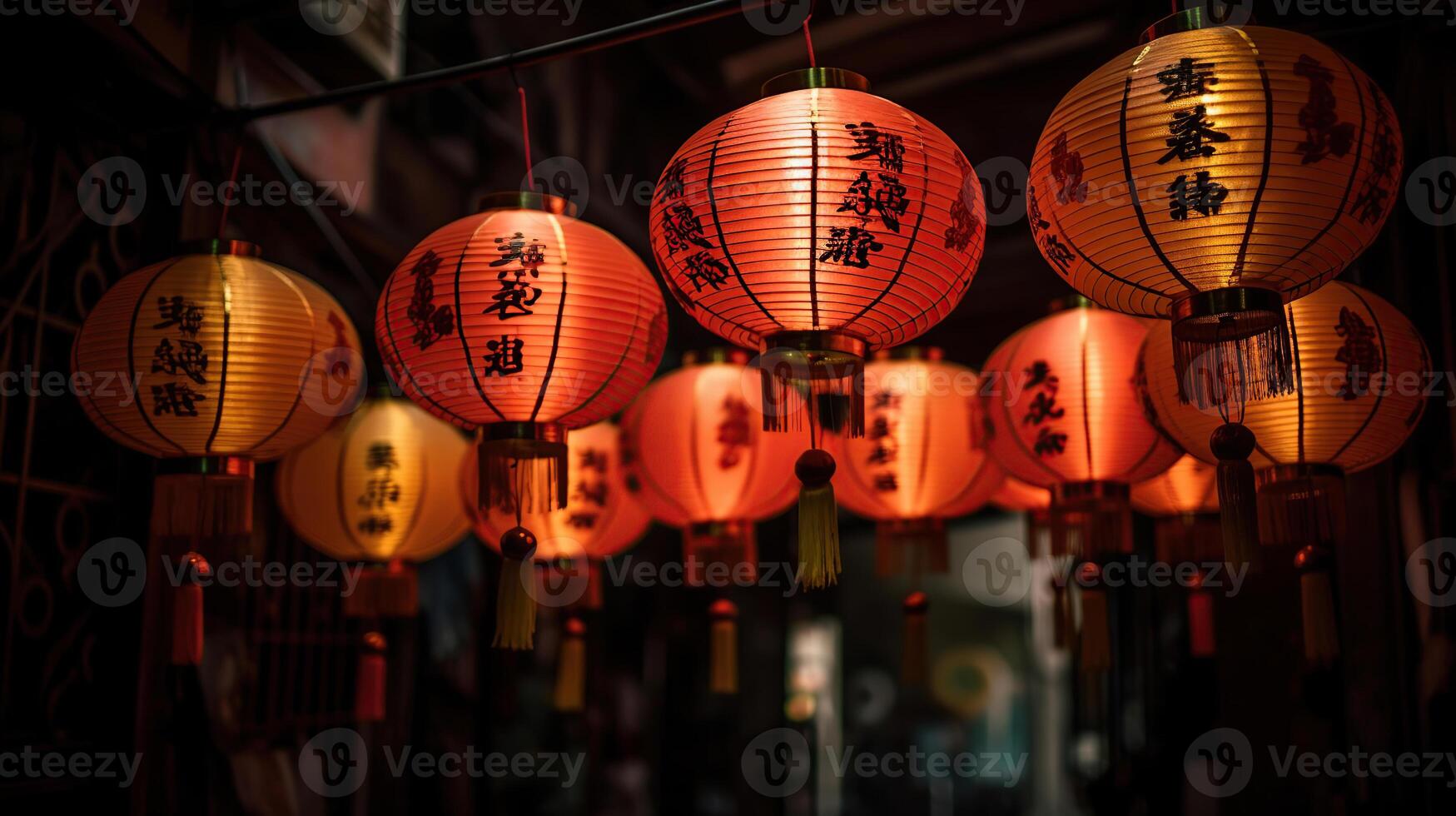 Chinese new year lanterns with blessing, healthy and wealth in china town, photo