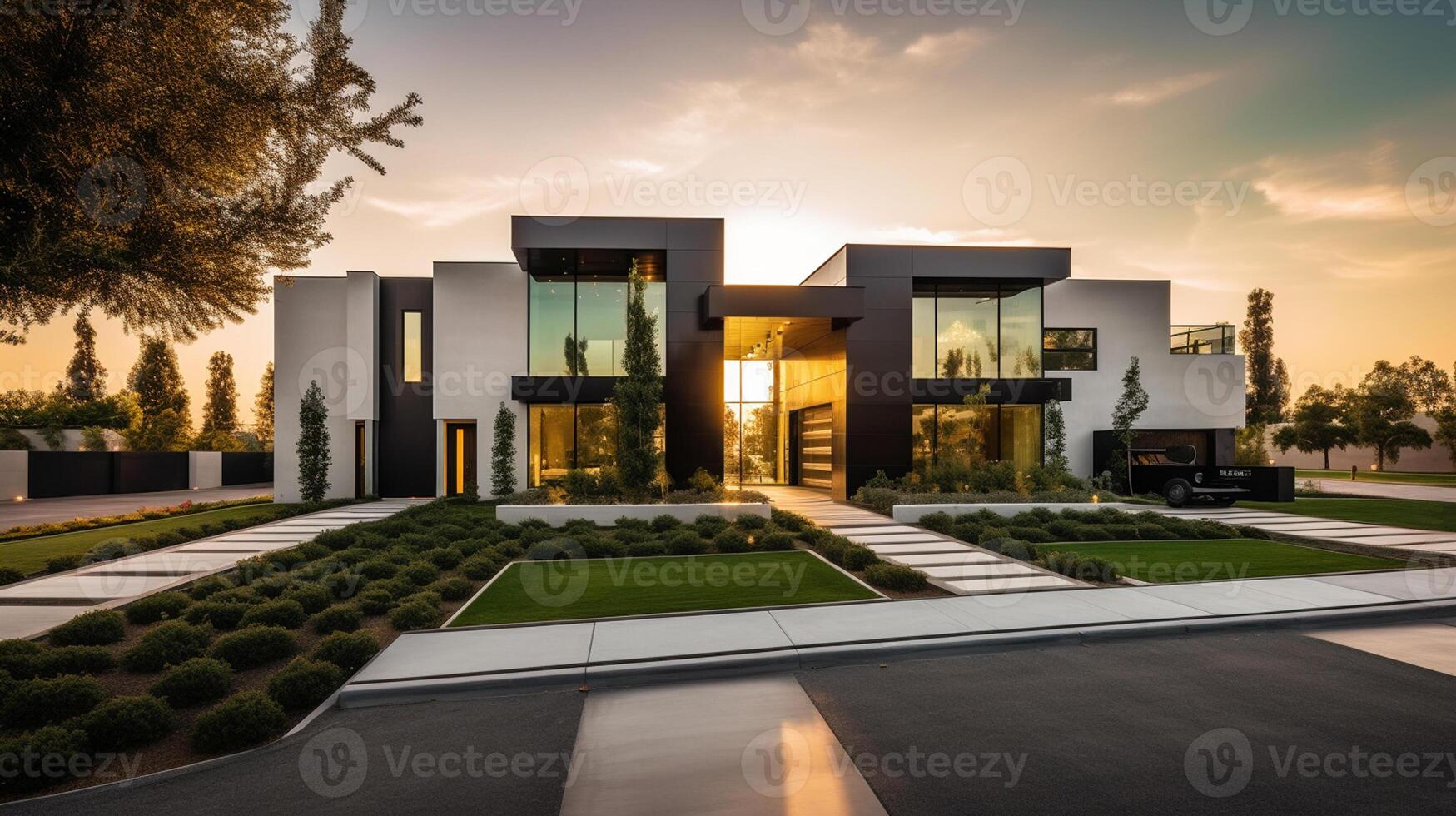 Exterior of modern luxury house with garden and beautiful sky photo