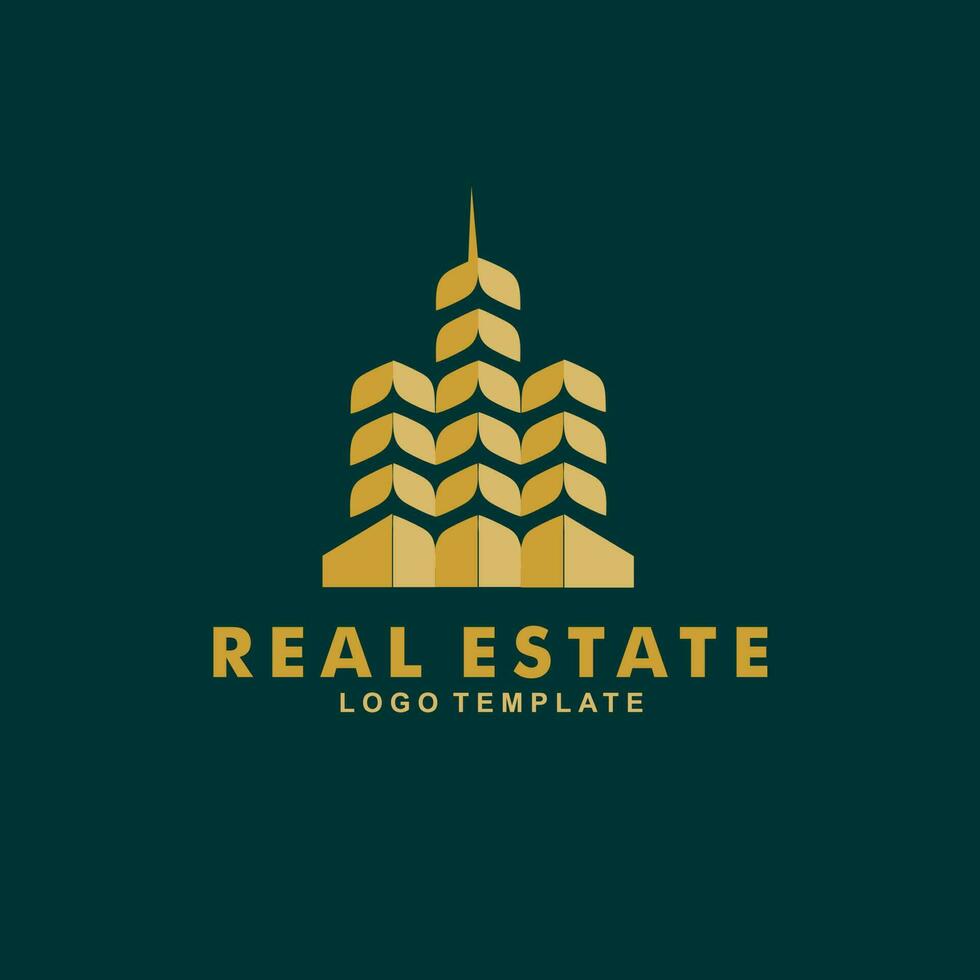 real estate logo design, logo for luxury housing, building logo design. gold color real estate building symbol vector