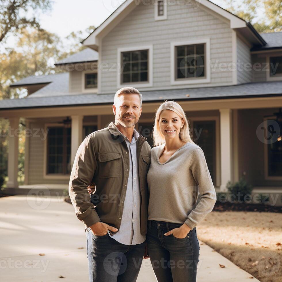 Portrait of happy mature couple standing in front of their new house photo