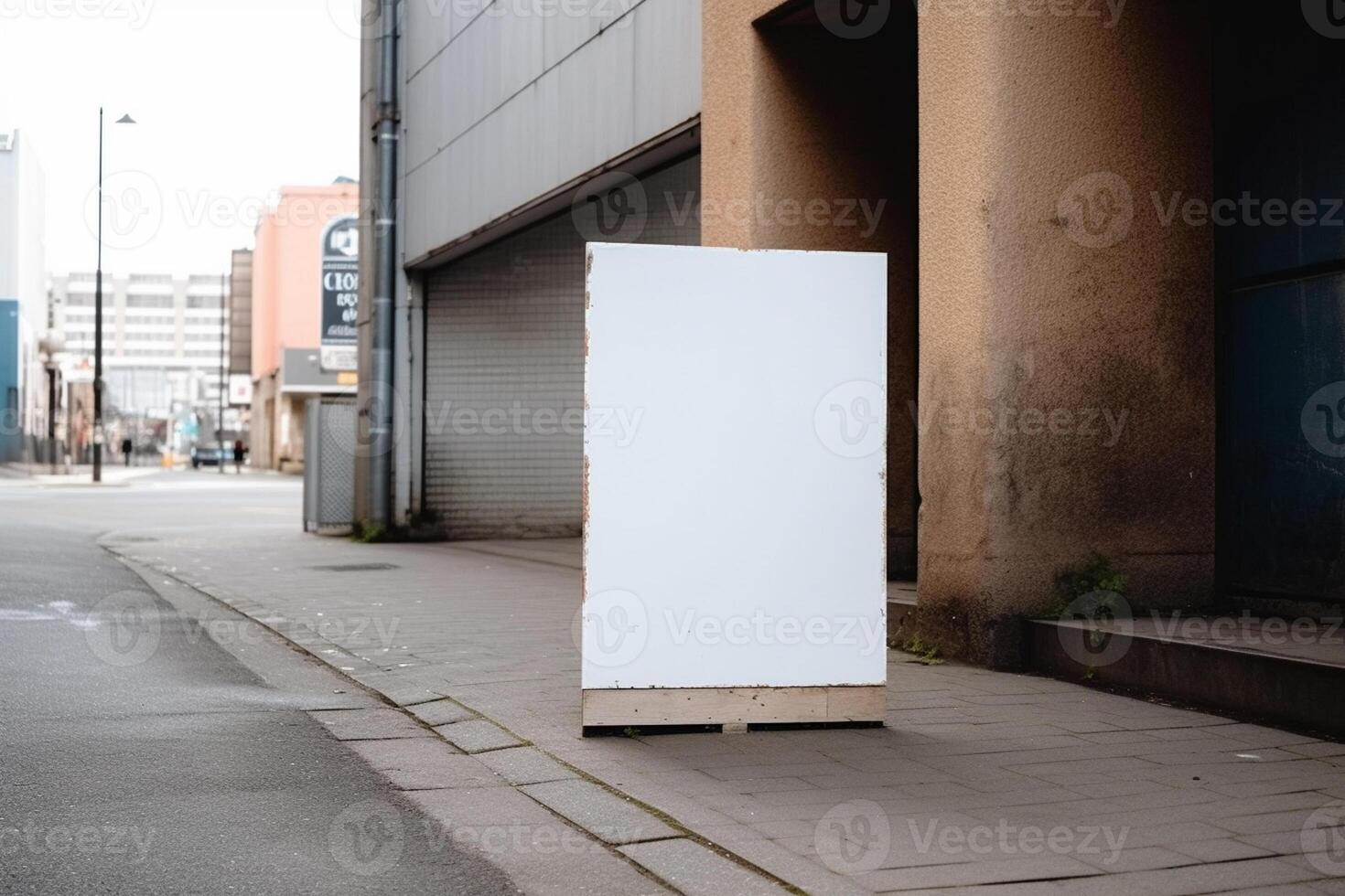 A blank white billboard mockup on a sidewalk in a city photo