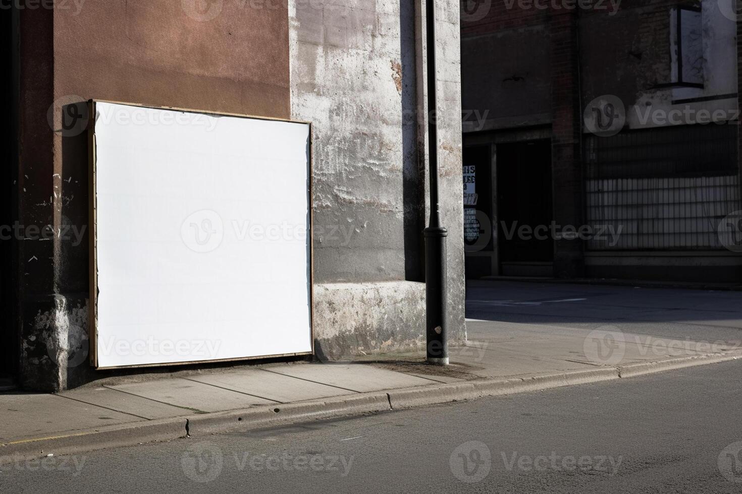 A blank white billboard mockup on a sidewalk in a city photo