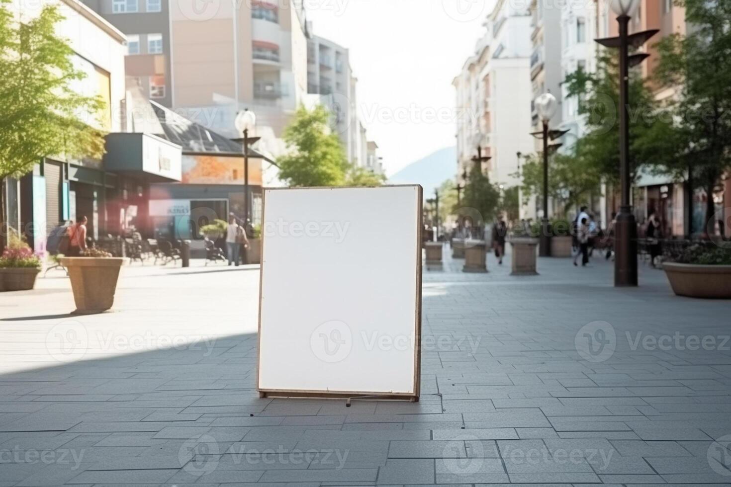 A blank white billboard mockup on a sidewalk in a city photo
