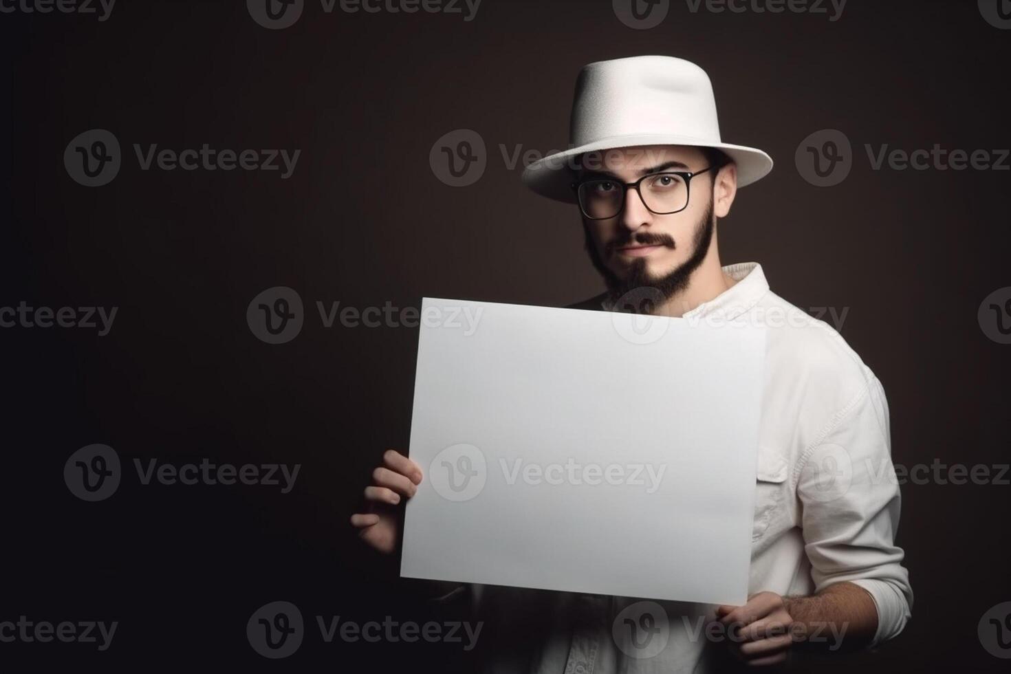 A man holds a blank white sign board mockup in his hand photo