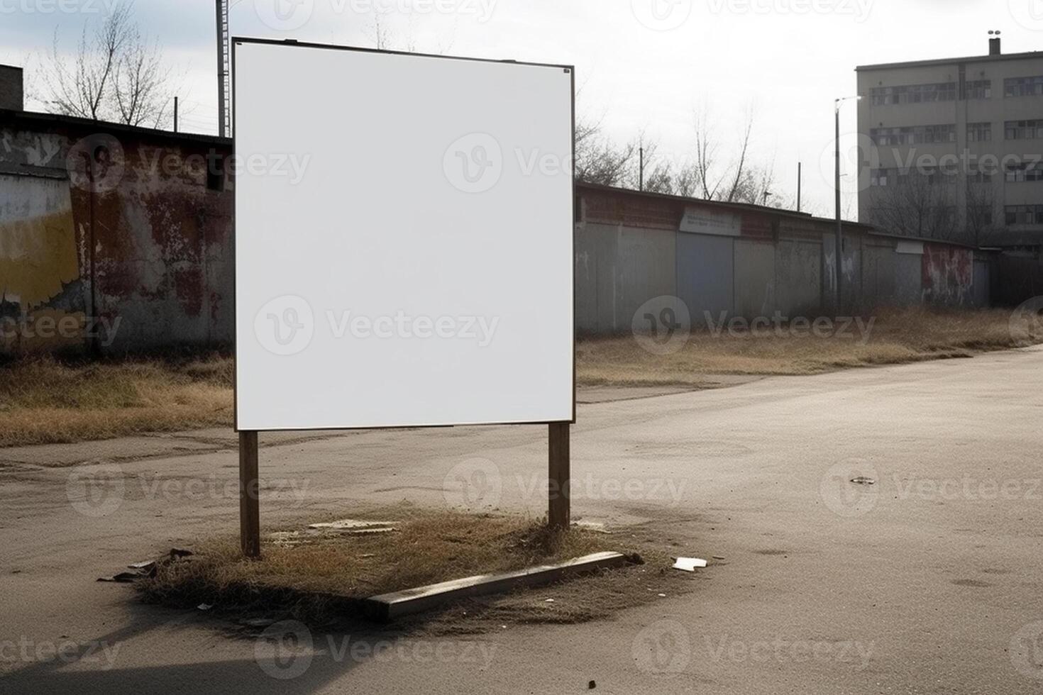 A blank white billboard mockup on a sidewalk in a city photo