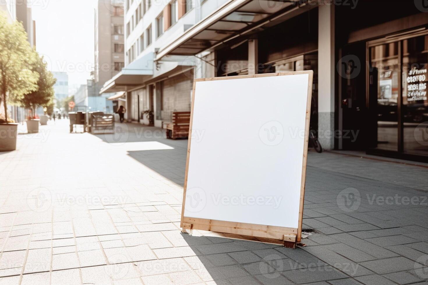 A blank white billboard mockup on a sidewalk in a city photo