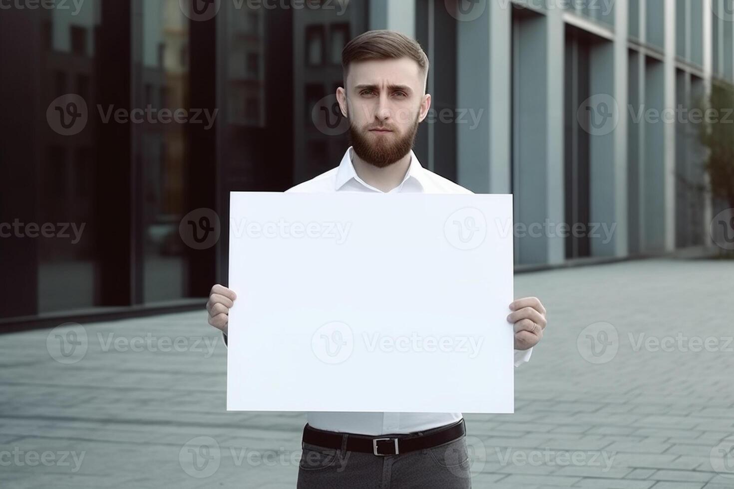 A man holds a blank white sign board mockup in his hand photo