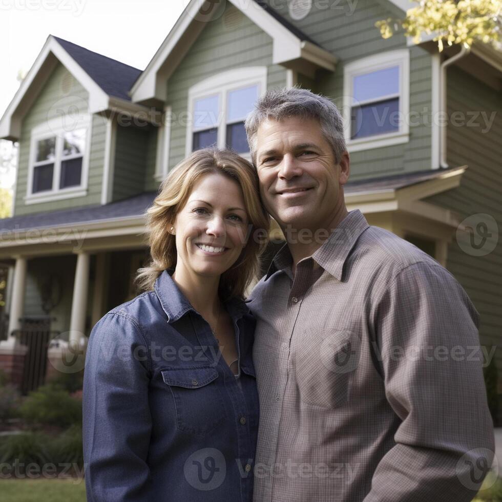 Portrait of happy mature couple standing in front of their new house photo