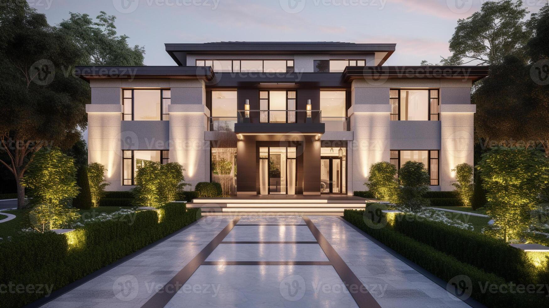 Exterior of modern luxury house with garden and beautiful sky, photo
