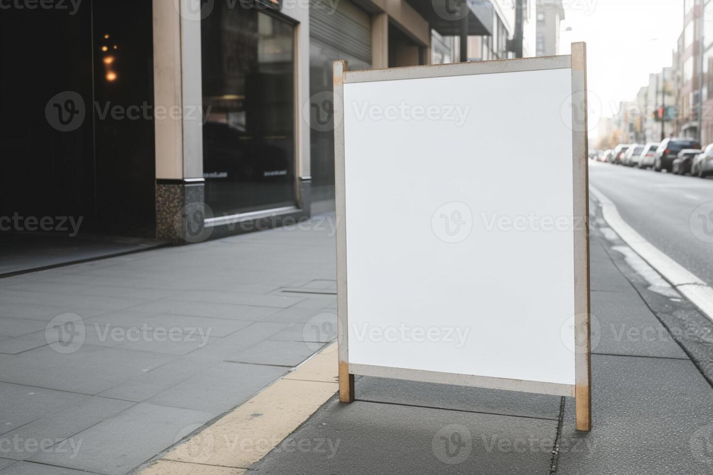 A blank white billboard mockup on a sidewalk in a city photo