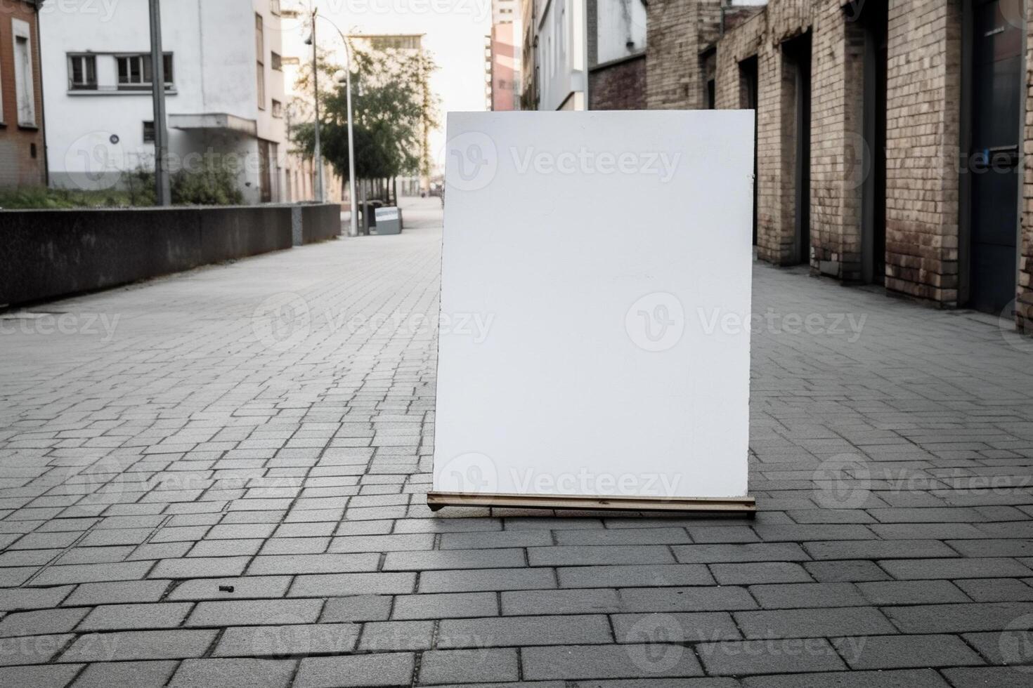 A blank white billboard mockup on a sidewalk in a city photo