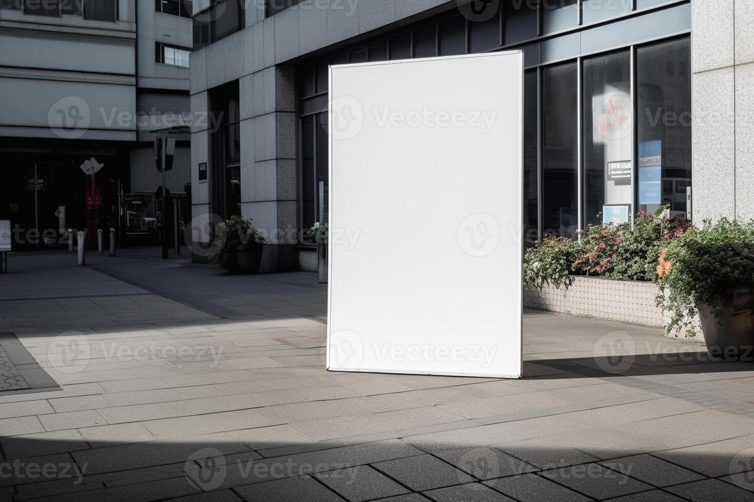 A blank white billboard mockup on a sidewalk in a city photo