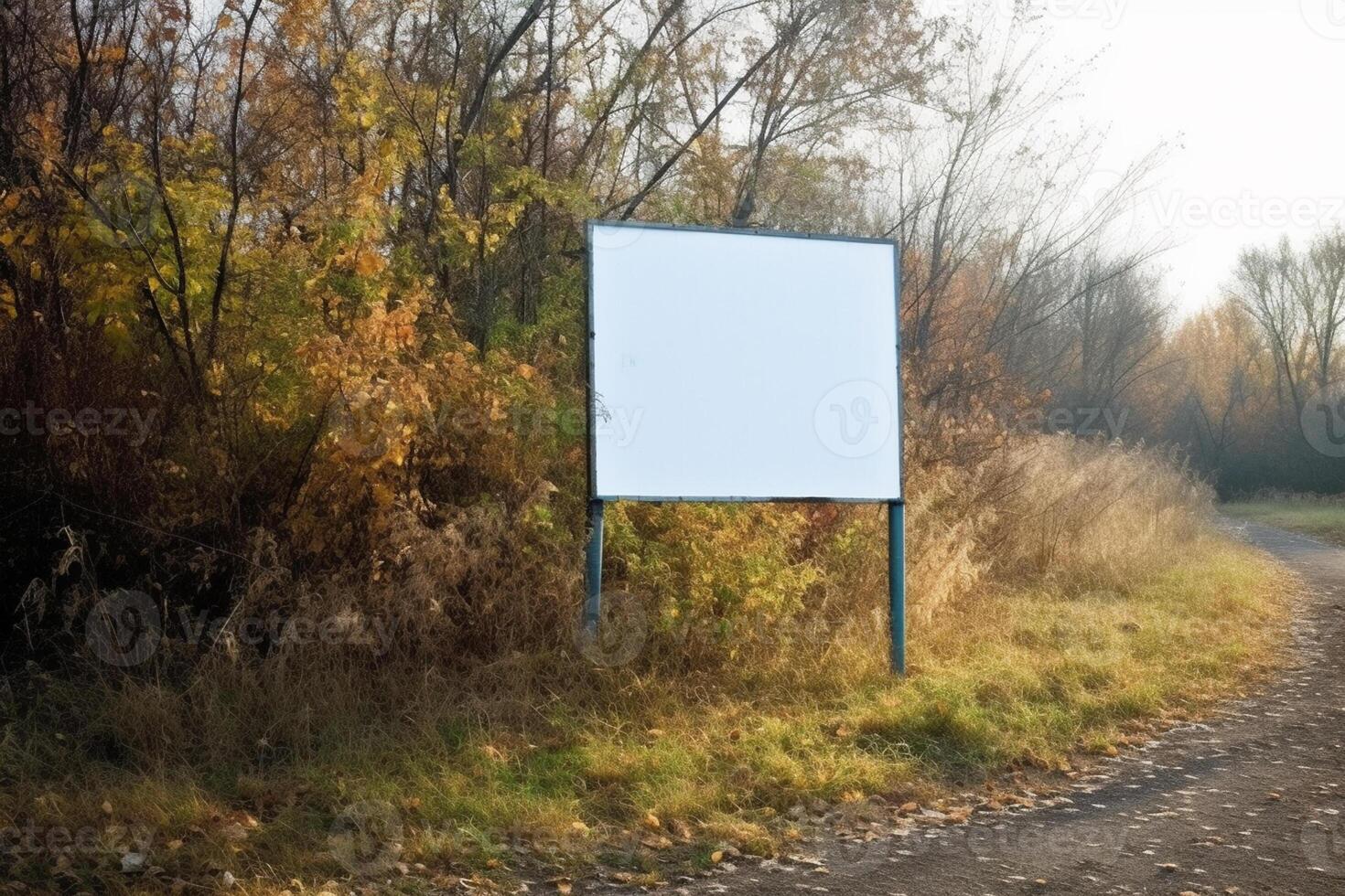 A blank white billboard mockup on a sidewalk in a city photo