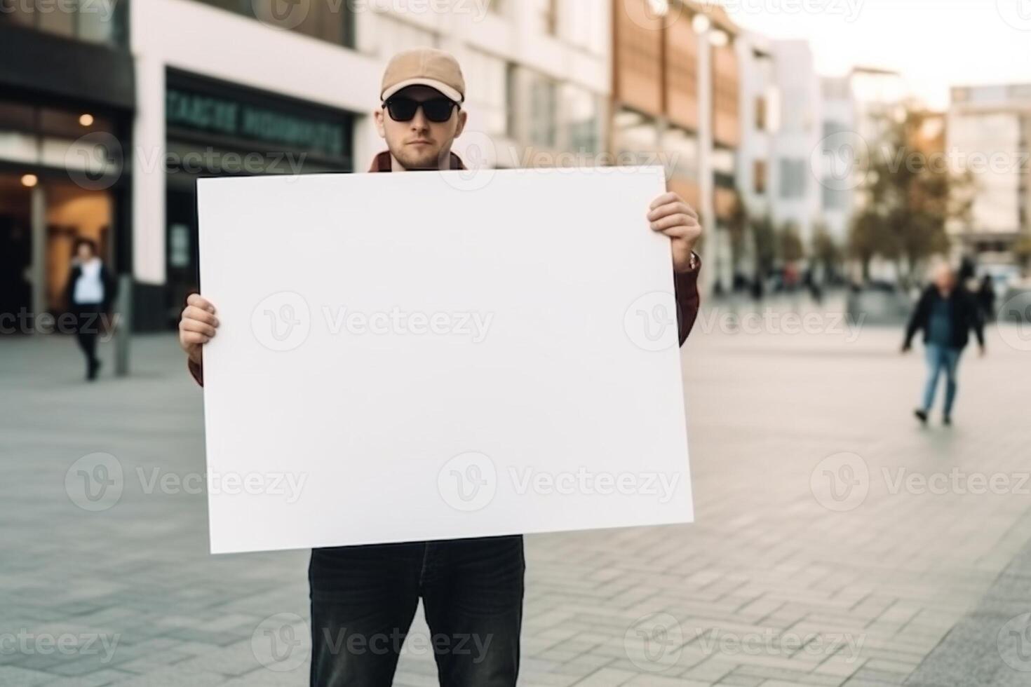 A man holds a blank white sign board mockup in his hand photo